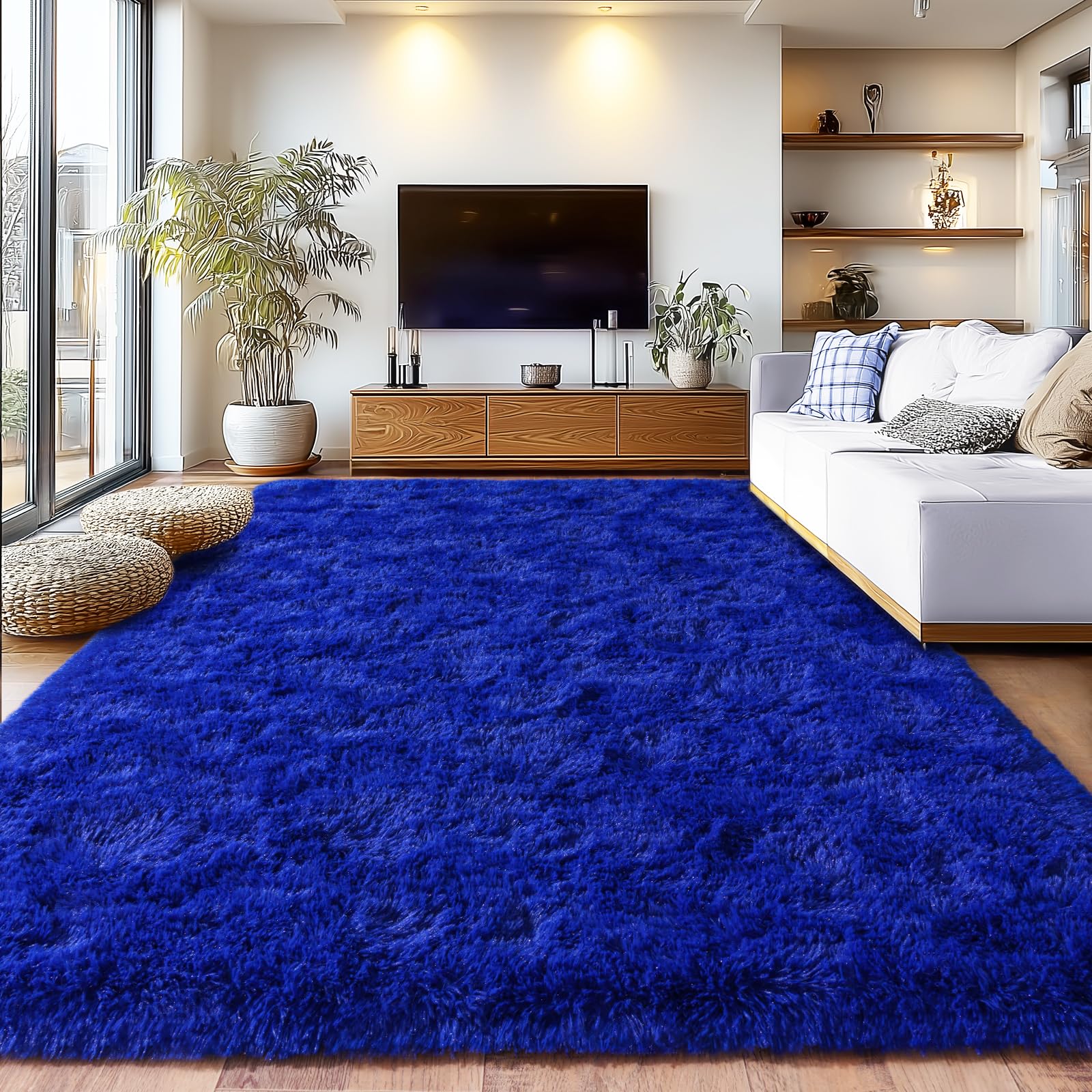 Large Fuzzy Rug 8x10 Feet Blue Fluffy Rug for Living Room, Big Plush Non-Skid Shag Carpet, Soft Shaggy Rugs for Bedroom Indoor Modern Home Decor