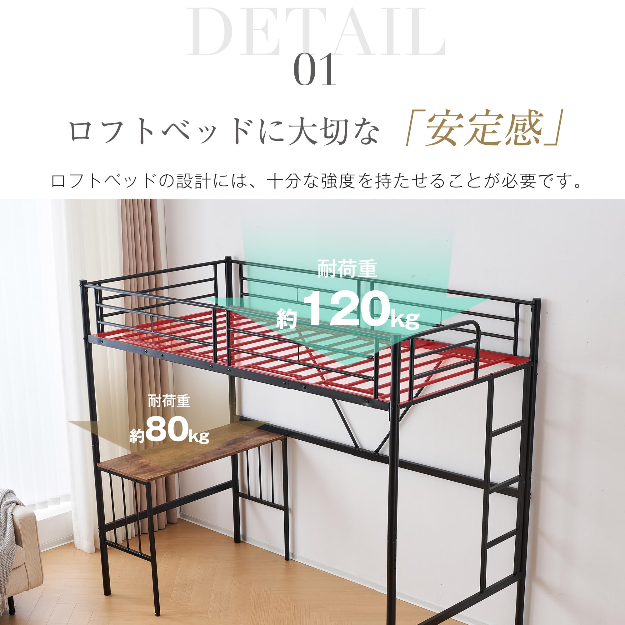 Amazon｜ロフトベッド システムベッド シングル パイプ デスク付き 耐 