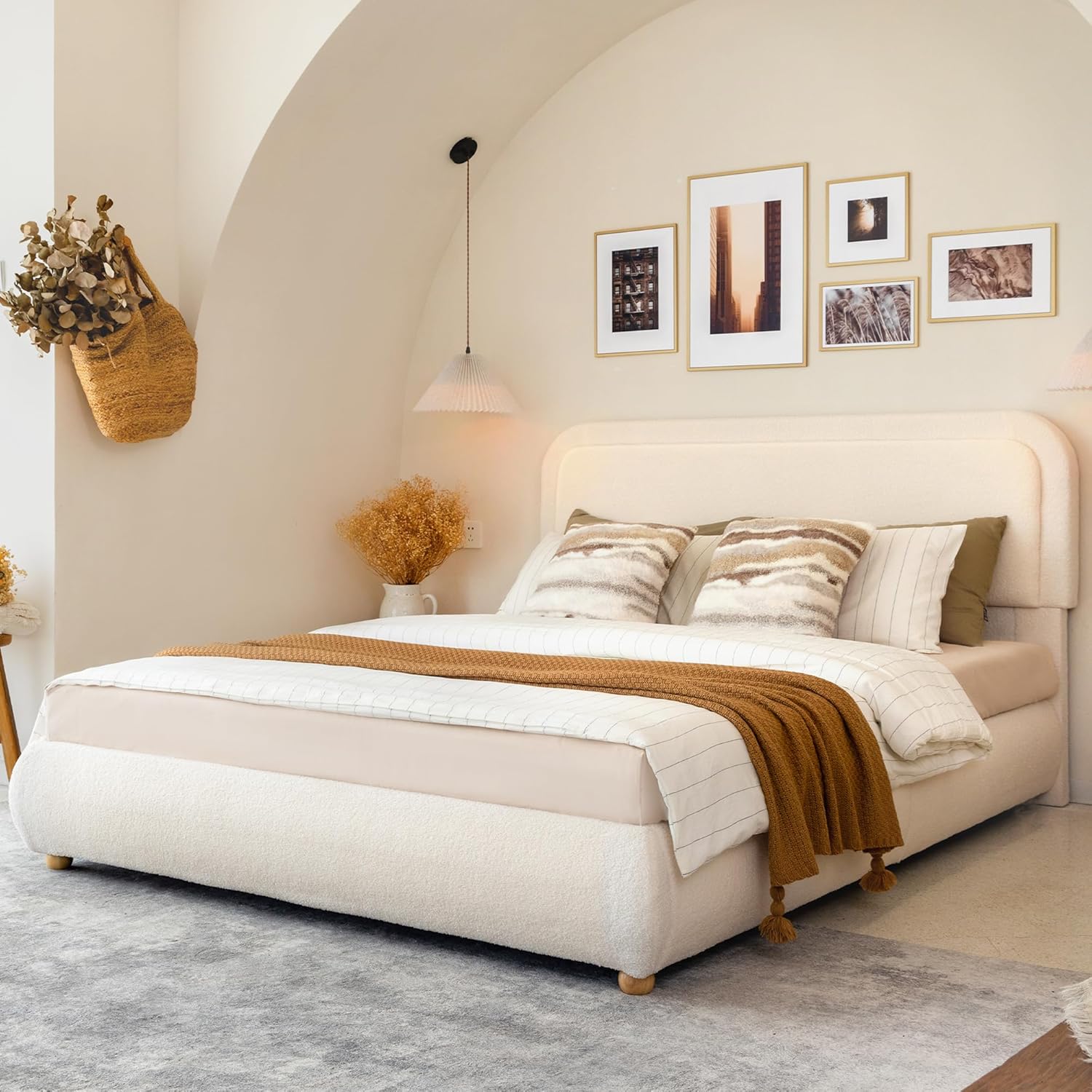 Yechen Boucle Cloud Queen Bed Frame with Round Corner Headboard, Upholstered Soft Creamy Bedframe with Solid Wood Legs, Boho Fluffy Bed with Wooden Slats, Easy Assembly, No Box Spring Needed, Beige