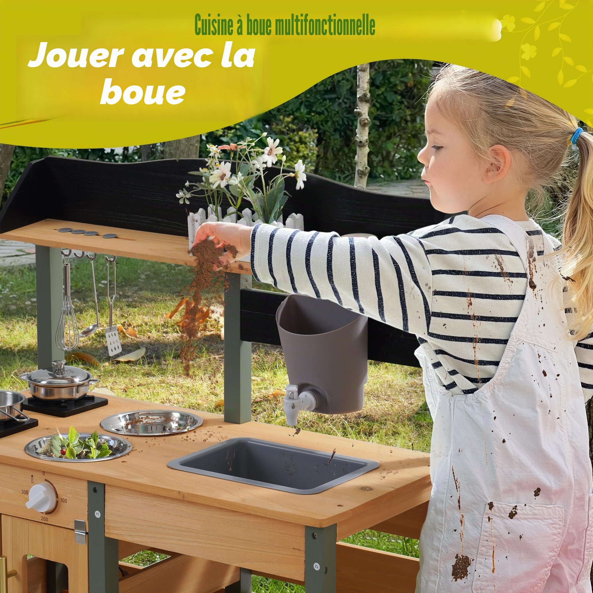 ROBUD Cuisine boueuse pour enfants, cuisine de jeu en bois avec robinet, jardinière, étagères de rangement, bois naturel