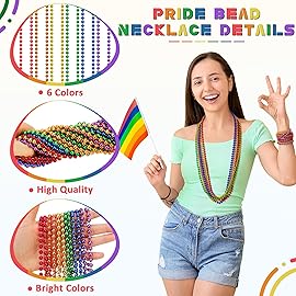 EOBOH 12PCS Pride Accessories, Pride LGBTQ Beads Necklace Stuff, Metallic 6 Kinds of Rainbow Necklace Bulk, Gay Lesbian LGBT Costumes Decorations for Pride Month Parade Throws Party Favors