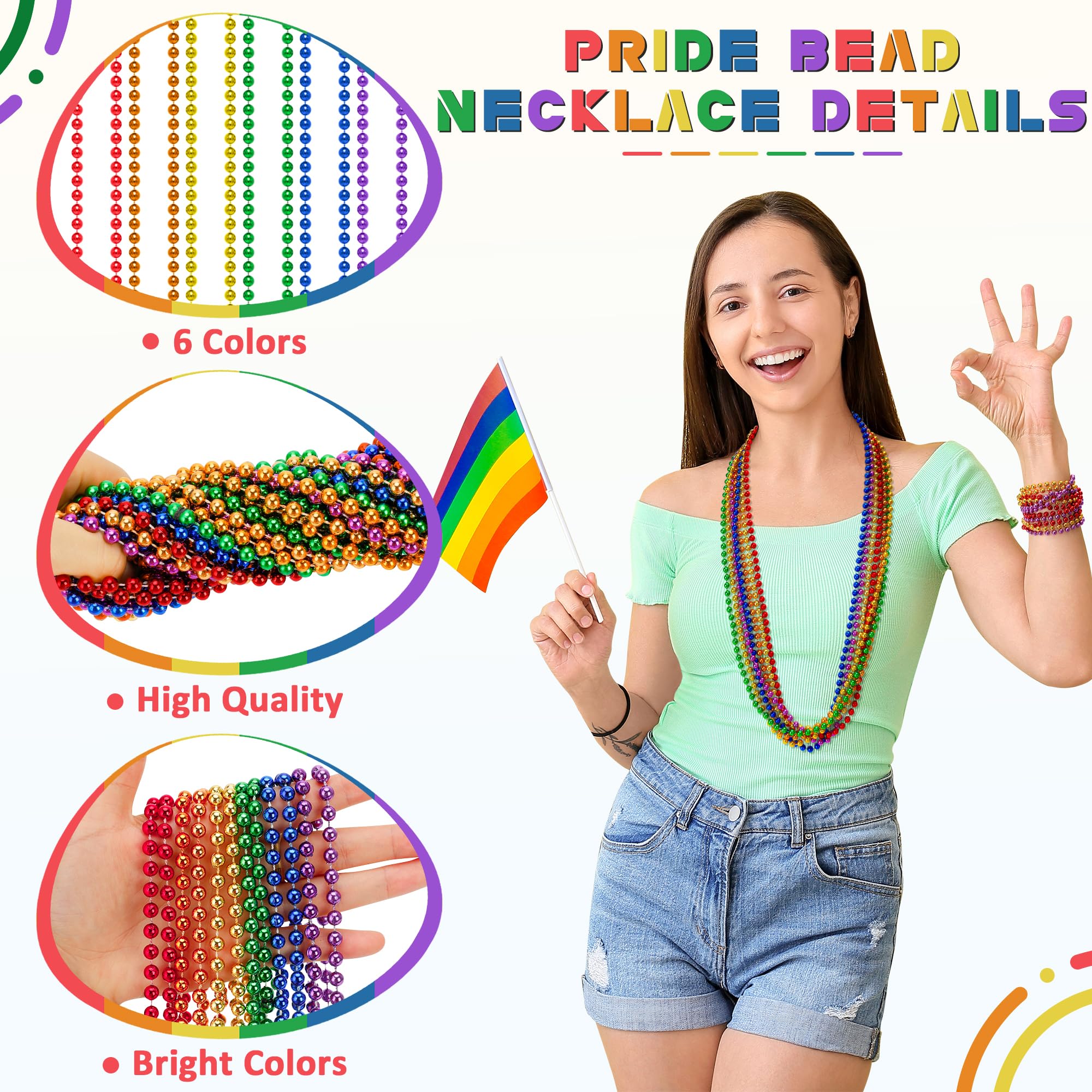 EOBOH 12PCS Pride Accessories, Pride LGBTQ Beads Necklace Stuff, Metallic 6 Kinds of Rainbow Necklace Bulk, Gay Lesbian LGBT Costumes Decorations for Pride Month Parade Throws Party Favors