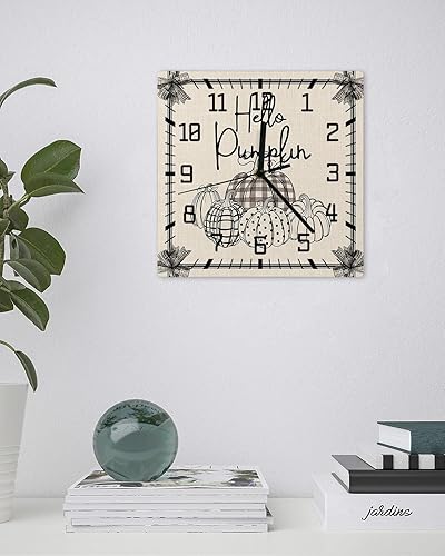 Miniatura 3 de Thanksgiving Wooden Wall Clock Silent Non Ticking, Black Line Hand Draw Pumpkins Bow Fall Burlap Square Wall Clock Battery Operated, Decor Clock for