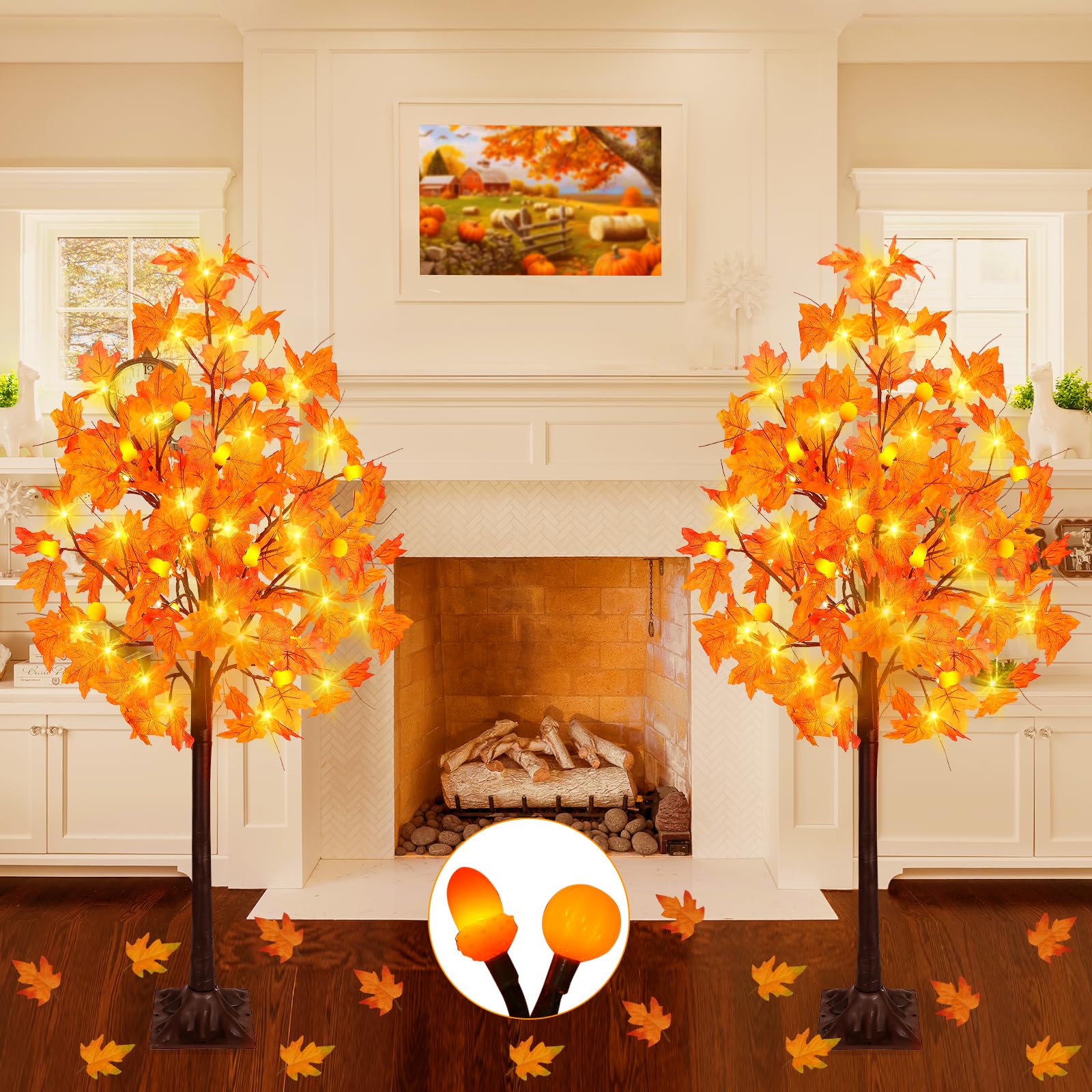 [ 2 Pack & Timer ] 4 Ft Thanksgiving Lighted Maple Tree, 63 LED Prelit Fall Decor Maple Tree 7 Pumpkin Lights 7 Acorn Lights Plug in Indoor Outdoor Autumn Thanksgiving Harvest Fall Decorations