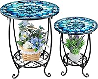 Cinnvoice 2-Pack Mosaic Round Outdoor Side Tables - Mandala Design, 12" & 16" Patio End Tables for Garden, Porch, Living Room