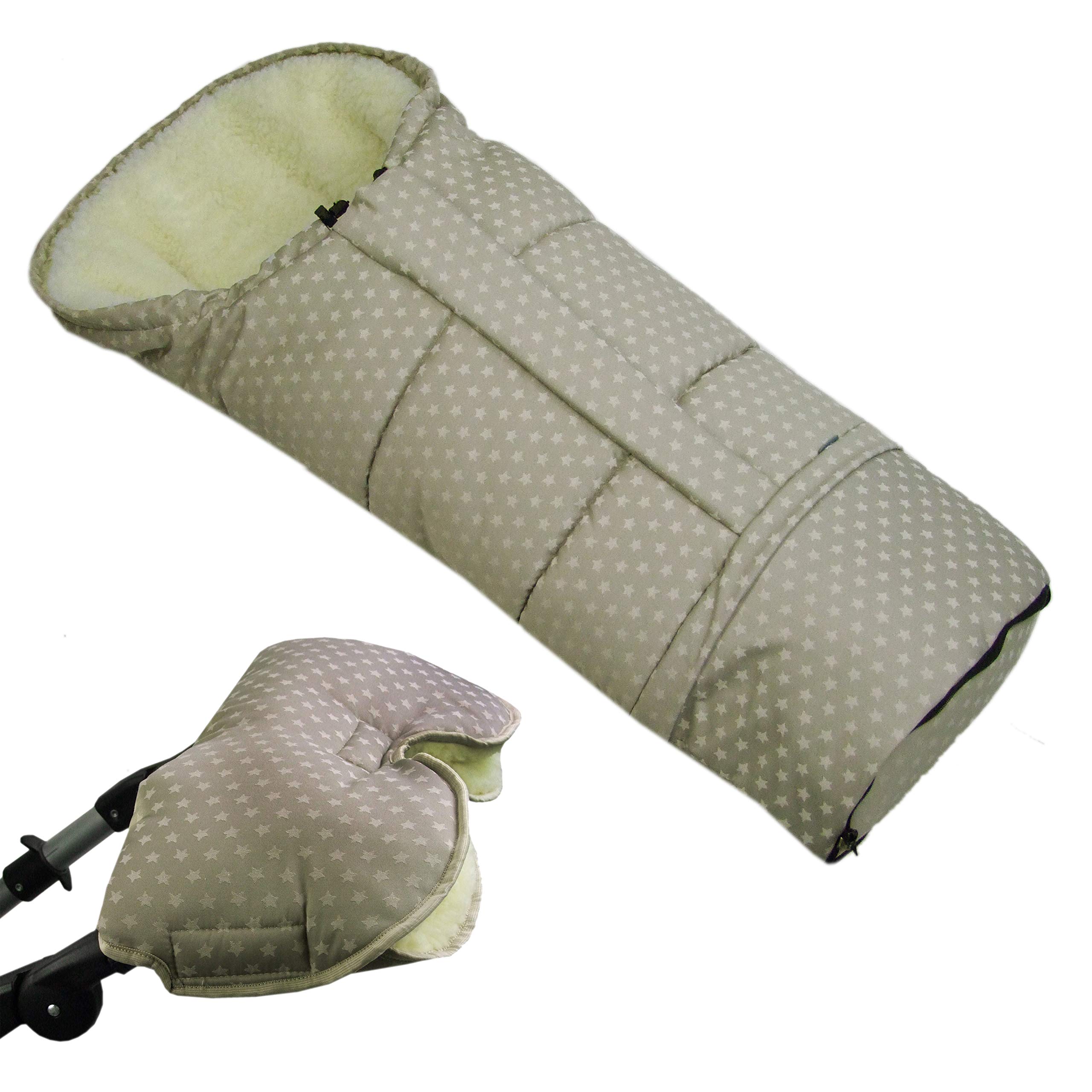 Bambiniwelt, offerta combinata MUFF + sacco a pelo invernale in lana d'agnello per passeggino, carrozzina, slitta, stelle beige XX