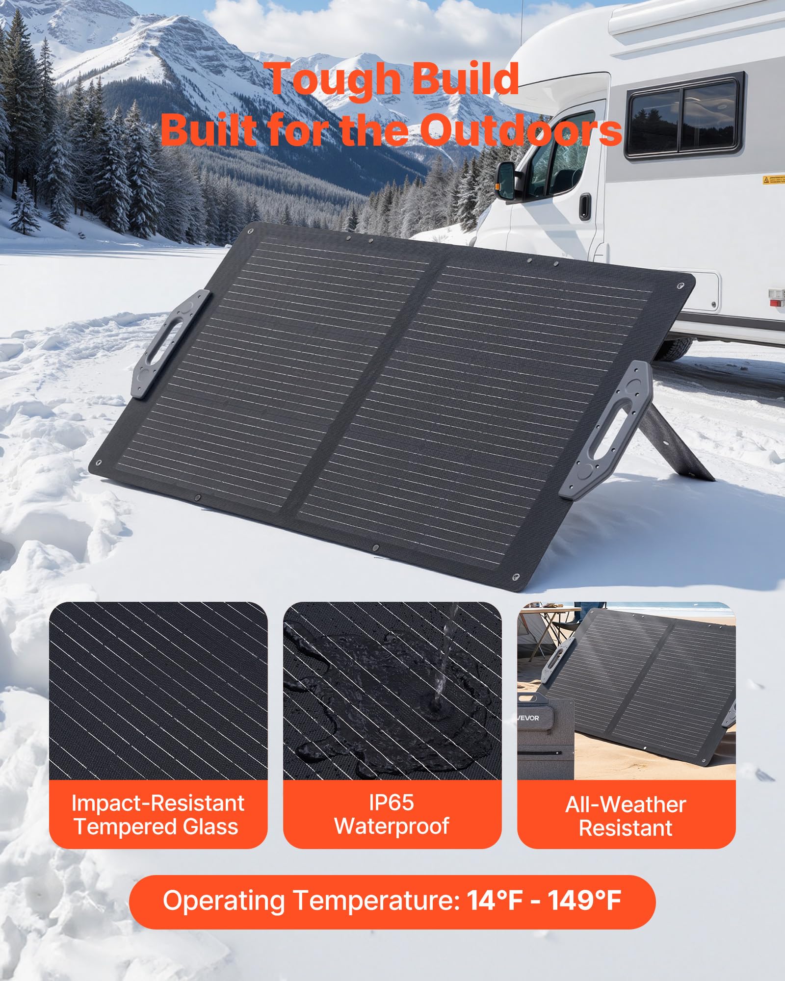 VEVOR Składany panel słoneczny 100 W, przenośny monokrystaliczny panel fotowoltaiczny z wyjściem MC4, porty USB-A, typ C, IP65 wodoodporny do elektrowni, na kemping, wędrówki