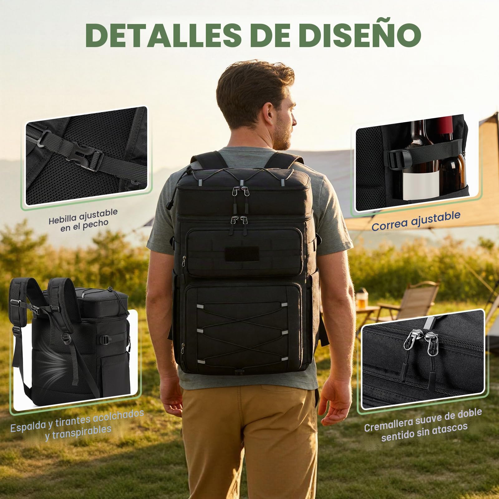 RAINSMORE Mochila Nevera Isotermica 30l a Prueba de Fugas Mochila Termica Porta Alimentos Doble Zona Impermeable para Exteriores Picnic Negro