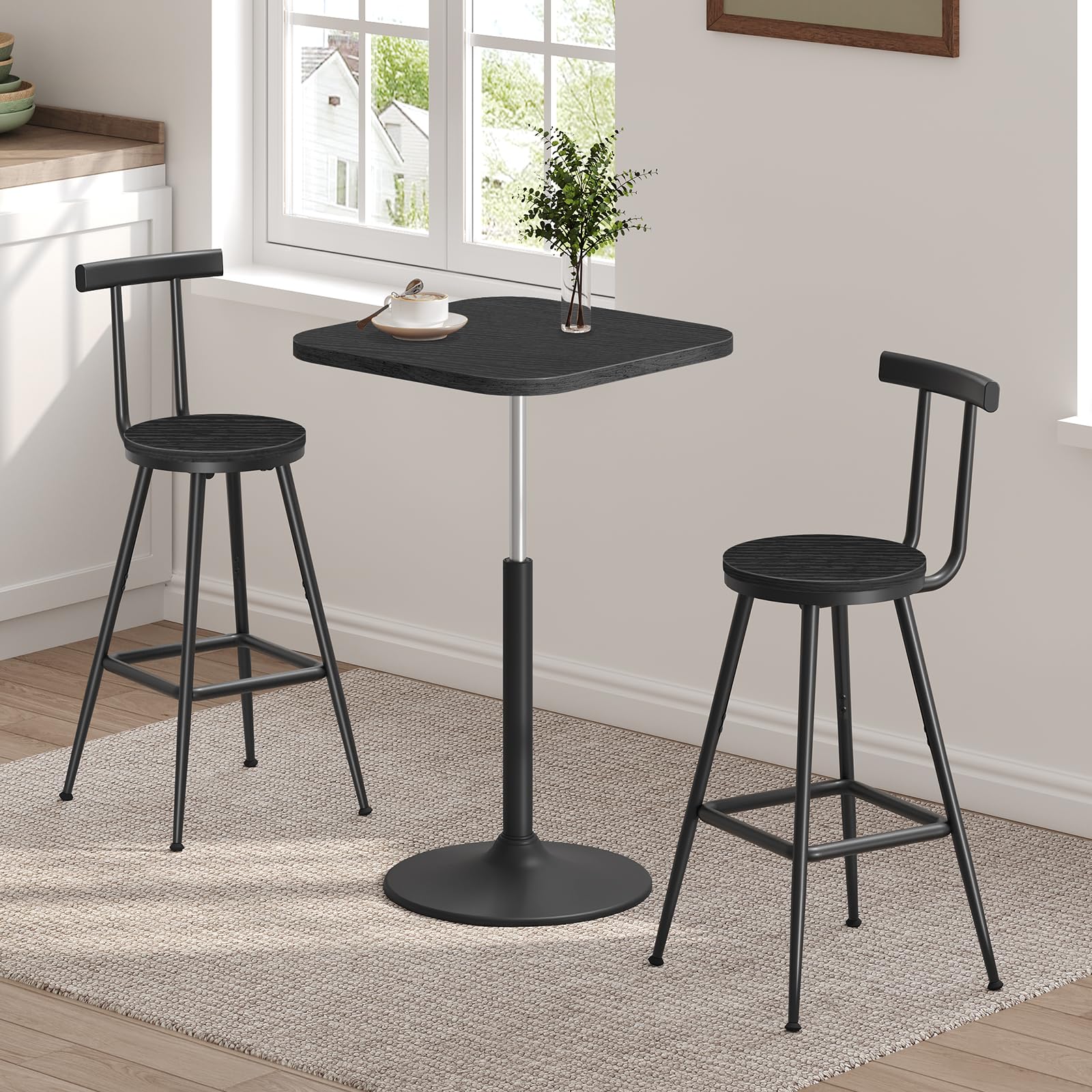 MAHANCRIS Juego de 2 Taburetes con Respaldos, Sillas Altas de Cocina, Estructura de Metal, Pies Ajustables, Fácil Montaje, para Cocina, Salón, Bar, Negro BAHB6001