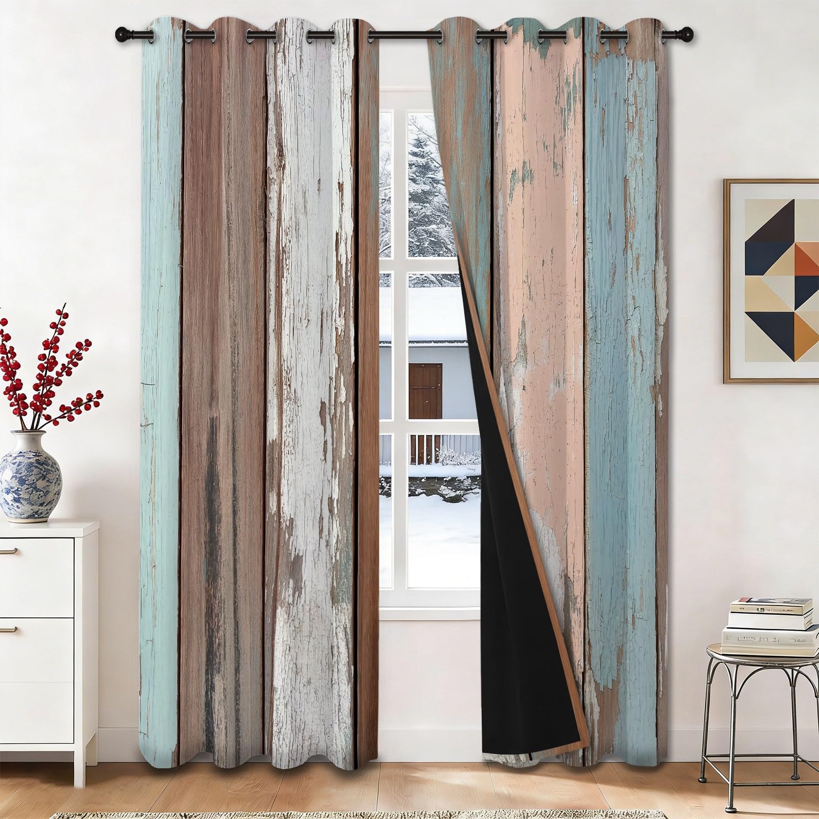 Style Industriel Rideau Occultant 70 x 240 cm avec Oeillets, Planches De Bois Qui S'Écaillent Grain du Bois Imprimer Isolation Thermique Insonorisée Brun Fenêtre Rideaux pour Salon, 2 Panneaux