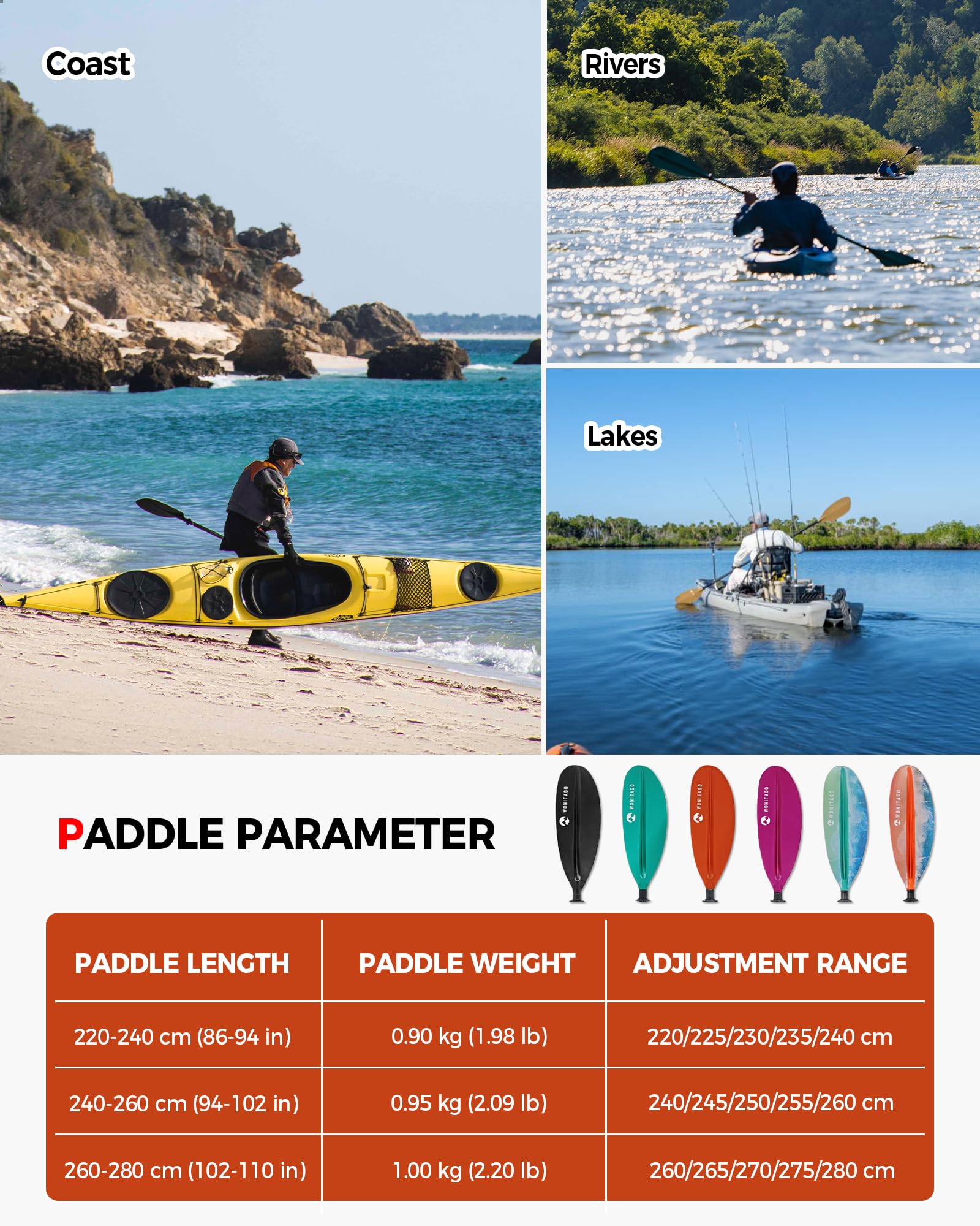Kayak Paddle with Carbon Fiber Shaft and Plastic Blade, Adjustable 3-Piece Double Paddle Floating Paddle for Kayak, 220-240 cm