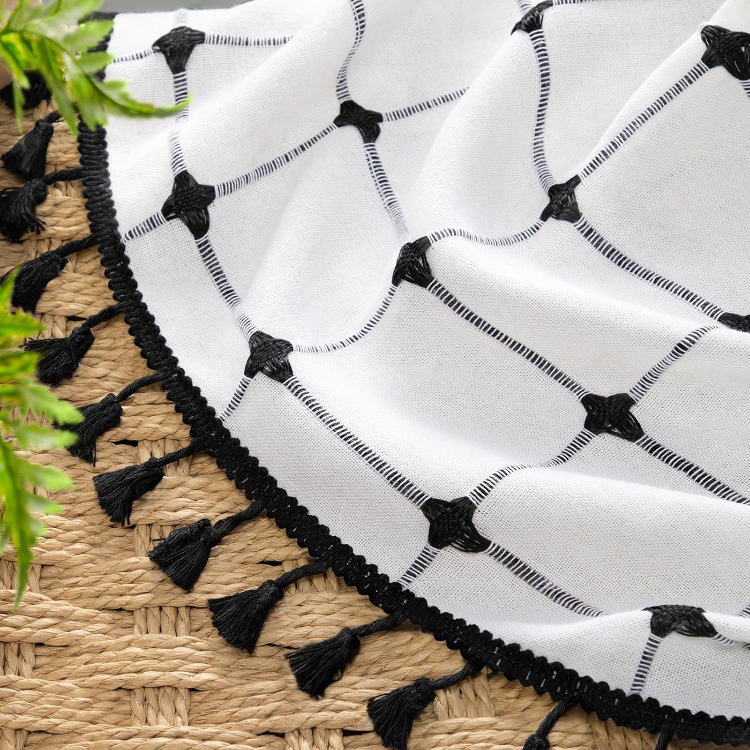 Black and White Shower Curtain Boho Linen Fabric Extra Long with Embroidered Plaid Pattern and Tassels for Bathroom,72" W×84" L