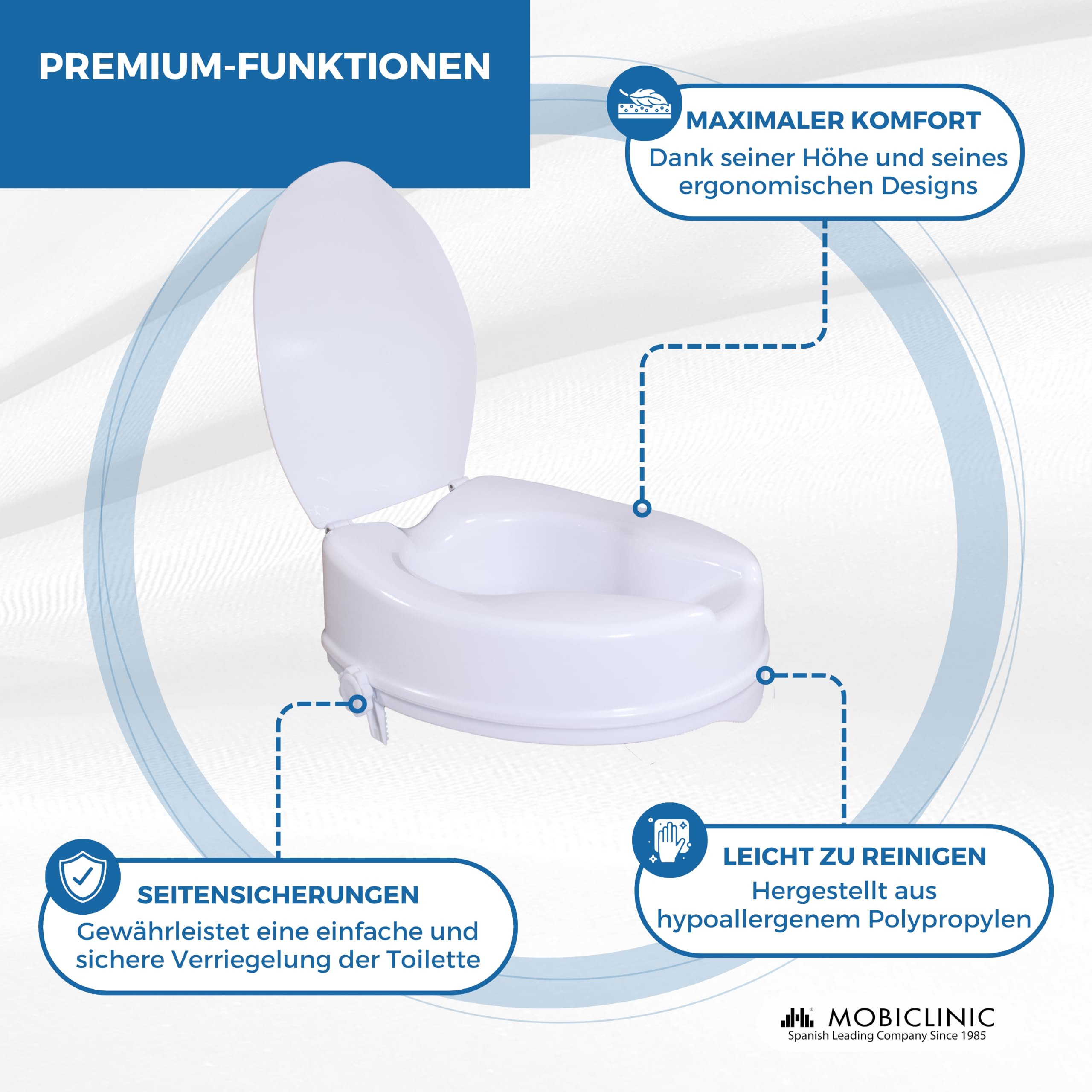 Mobiclinic®, Toilettensitzerhöhung mit Deckel, 14 cm Höhe, Höhenverstellbar, WC Sitzerhöhung für Senioren und Erwachsene, Ergonomischer Toilettenaufsatz, Rutschfest, Einfache Montage, Weiß, Titan