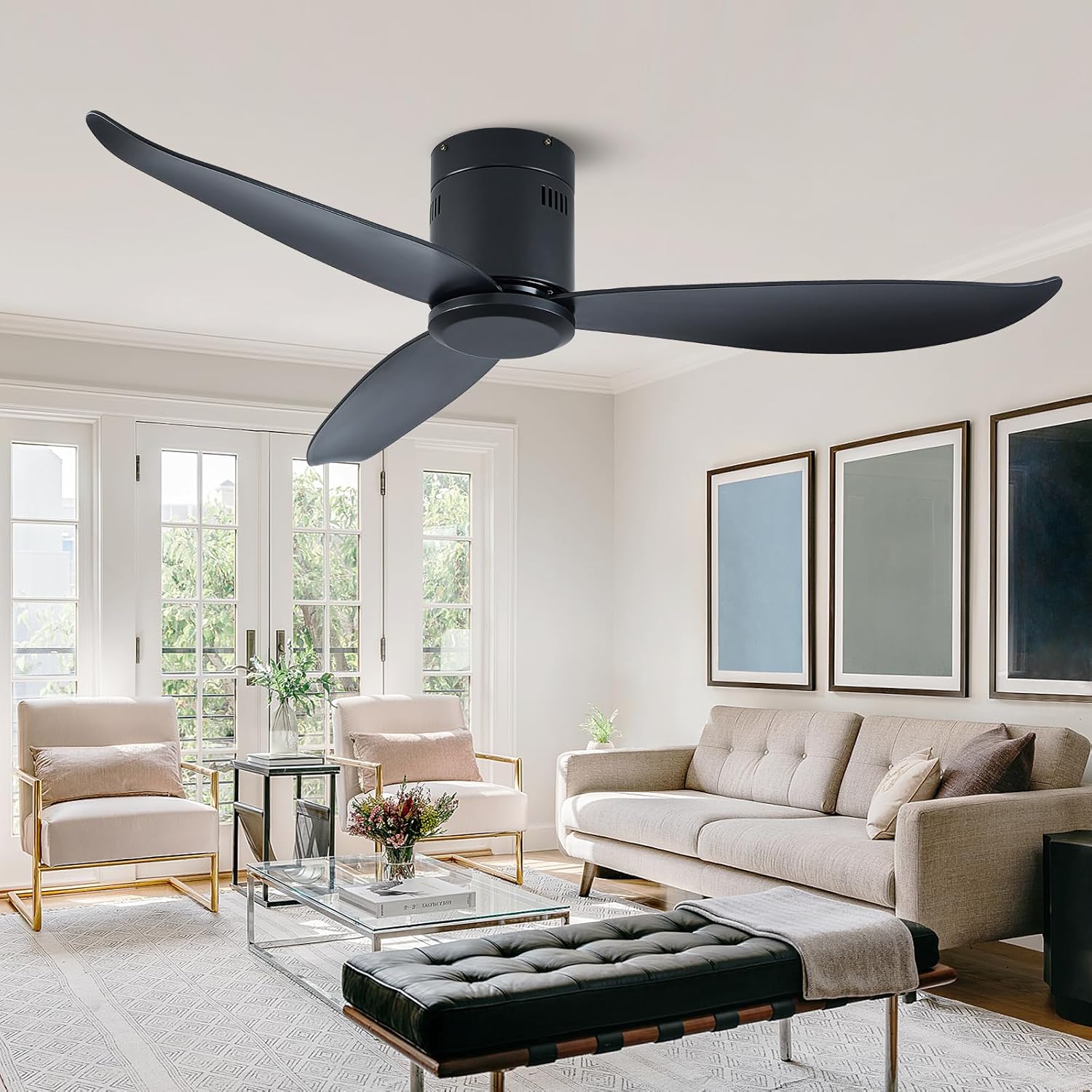 LEEAGLEGRY 52''Ceiling Fan no Light,3 ABS Blade,Reversible Quiet DC Motor,Timed,Indoor/Outdoor Fan for Bedroom,Living Room,Kitchen,Dining Room,Porch,Patio,Matte Black