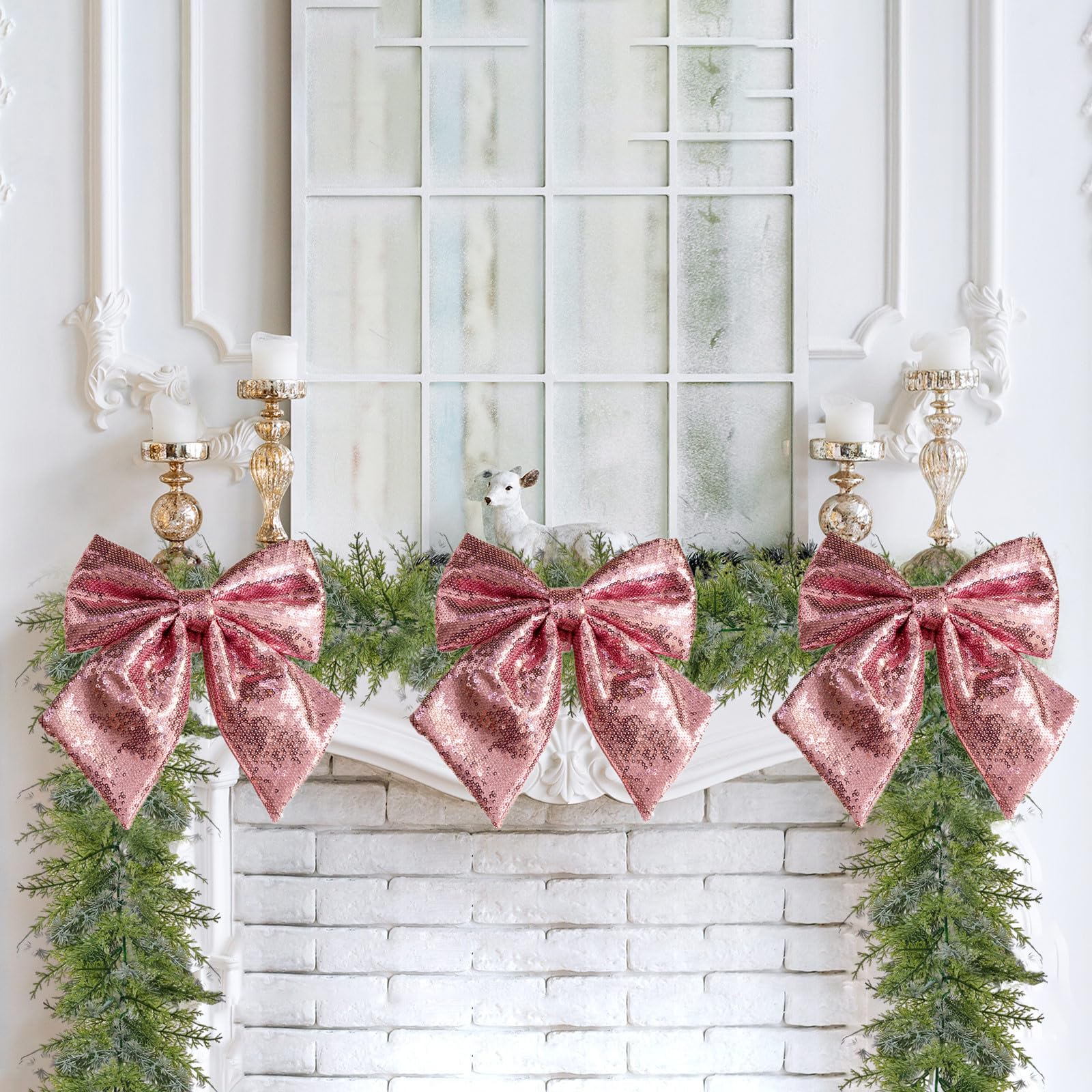 Large Sequin Bow Tree Topper, 12''x10'' Pink Glitter Bow Christmas Ornaments, Decorative Bow for Christmas Tree Wreath Garland Fireplace Holiday Valentine's Day DIY Crafts (Pink)