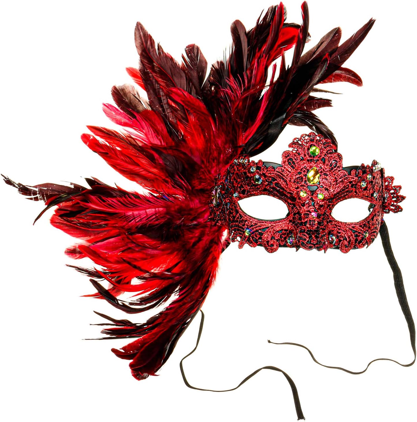 Luxury Venice Women Carnival Masquerade Venetian Mask with Side Feather - Red