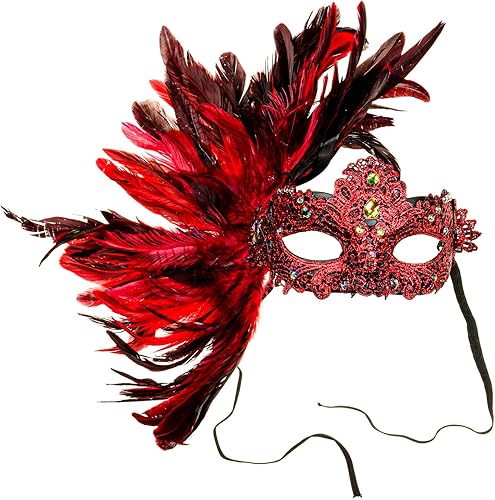 Miniatura 6 de Máscara veneciana veneciana de lujo para mujer con plumas laterales - rojo, Rojo -