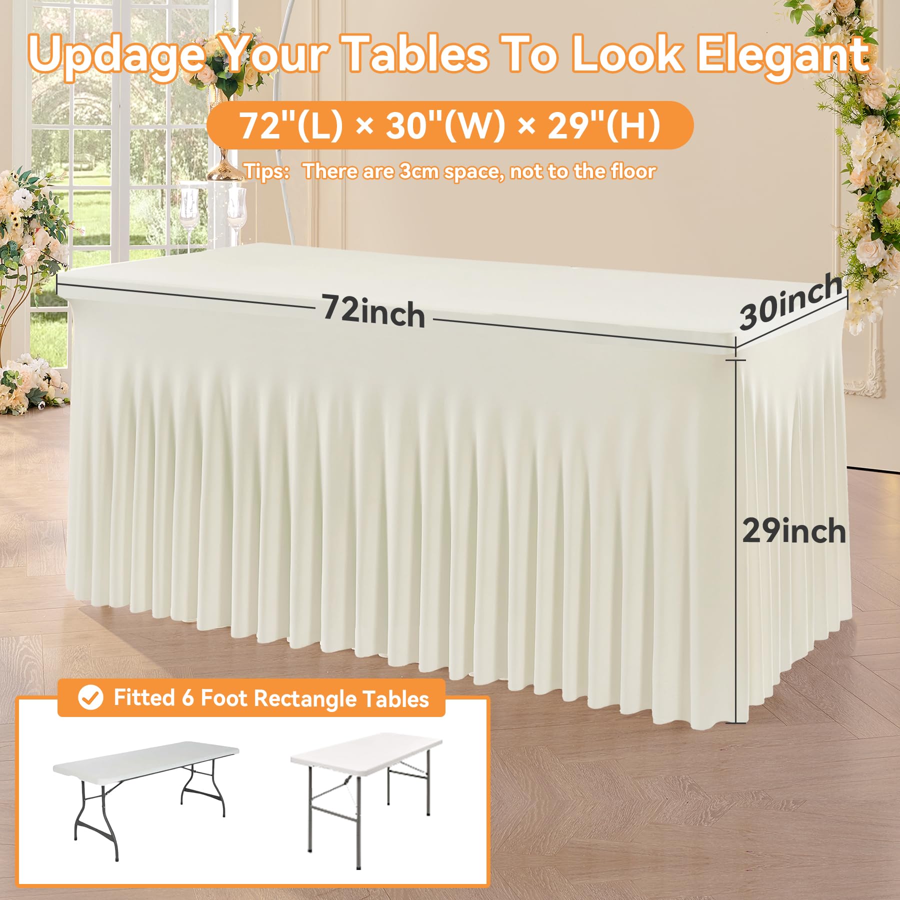 6-Pack Elfenbein Spandex Tischdecke für 180cm Rechteck Tische, Faltenfreie Stretch Tischdecke mit Rock für Bankett Party Hochzeit Geburtstag Meeting Display Dekoration Tischdecken