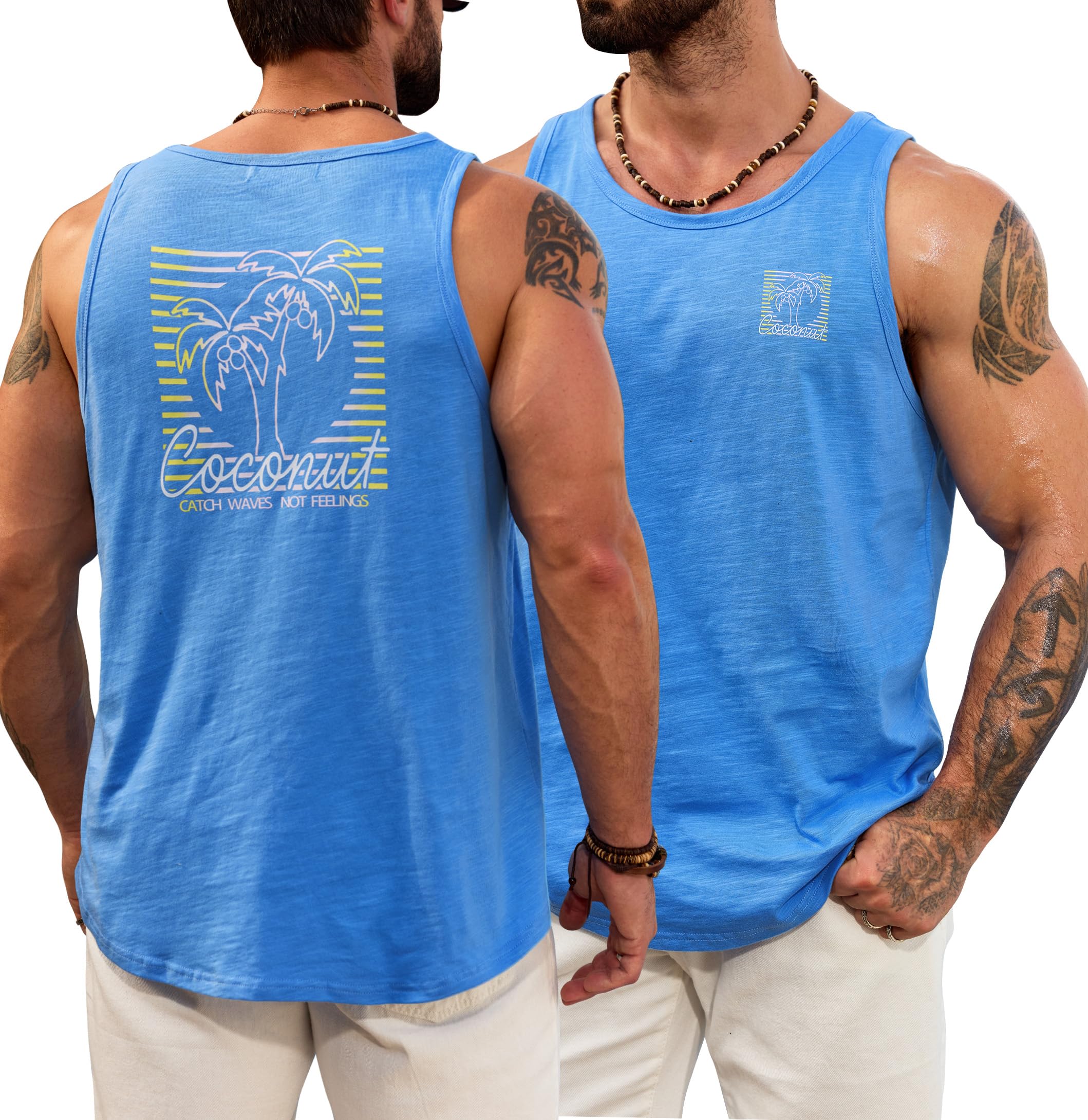 VOGSTART Mens Graphic Muscle Tank Top Beach Slub Cotton Sleeveless Shirts