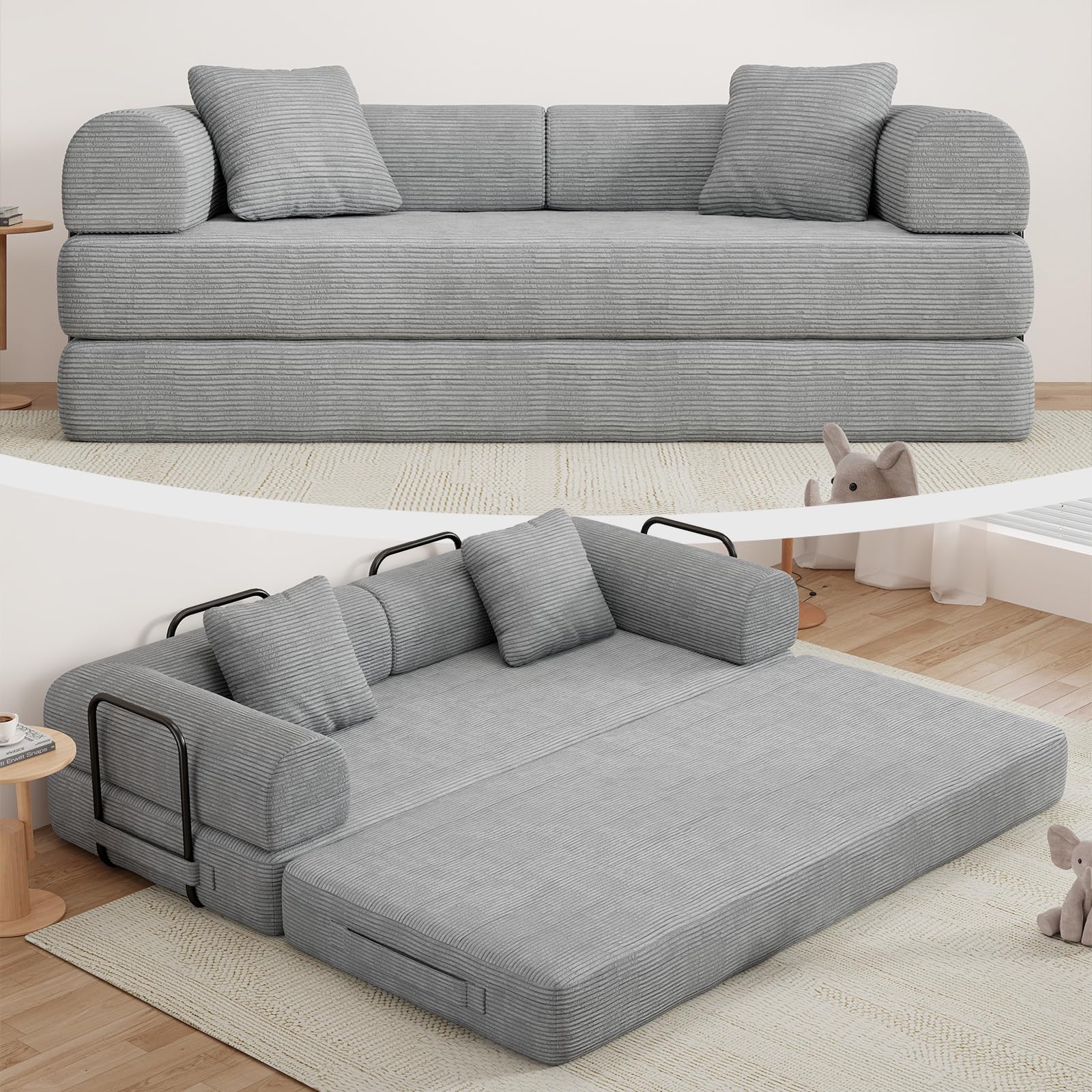 77" Convertible Sofa Bed, Modular Folding Futon Corduroy Floor Foam Compressed Loveseat Sleeper Sofa Couch, Pull Out Queen Size Couch Bed with 2