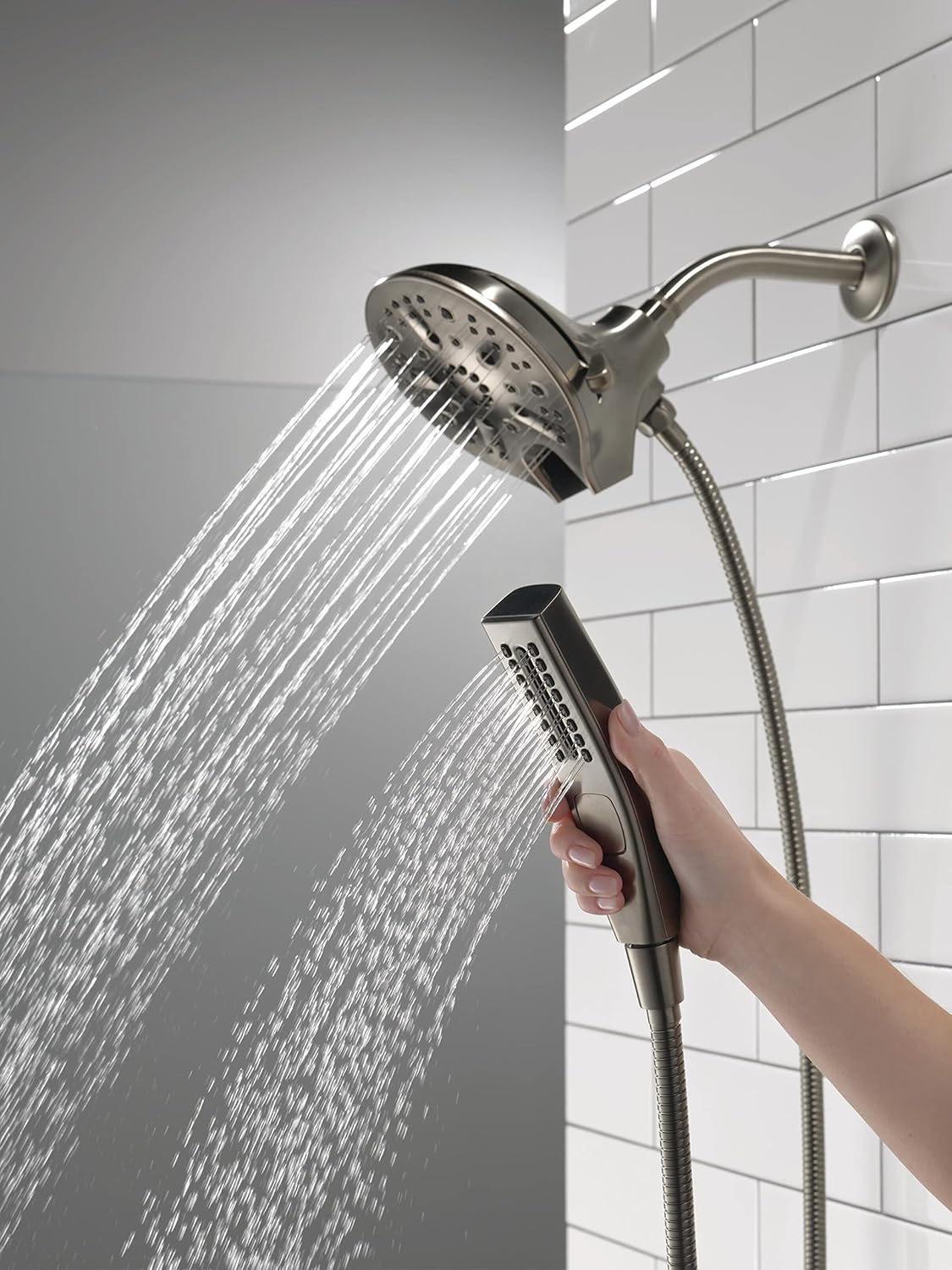 Delta Faucet 5-Spray In2ition 2-in-1 Dual Hand Held Shower Head with Hose, H2Okinetic Handheld Shower Head with Magnetic Docking, Black Handheld Shower Heads, Black Stainless 58620-KS-PR25-PK