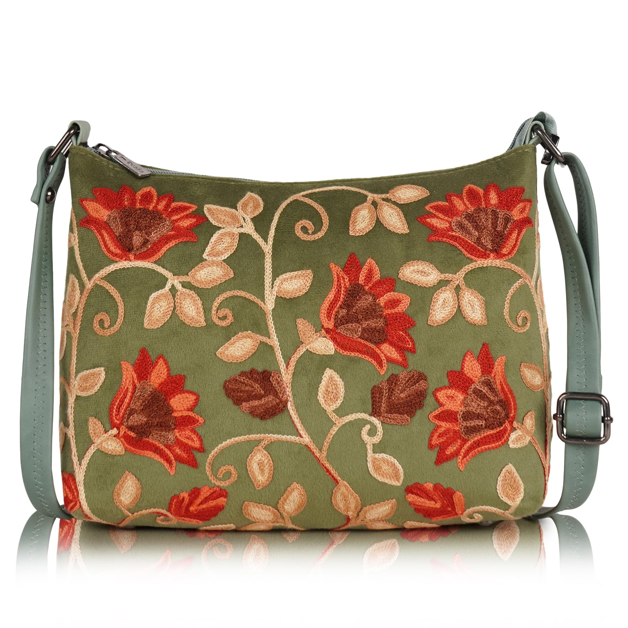 Floral Embroidered Crossbody Sling Bag, with Turquoise Flowers-image-43