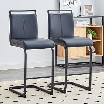 25in Counter Height Bar Stool Set of 2 PU Leather Bar Chair with Back Kitchen Island Stools with Black Leg for Dining Room Living Room Pub Restaurant Black