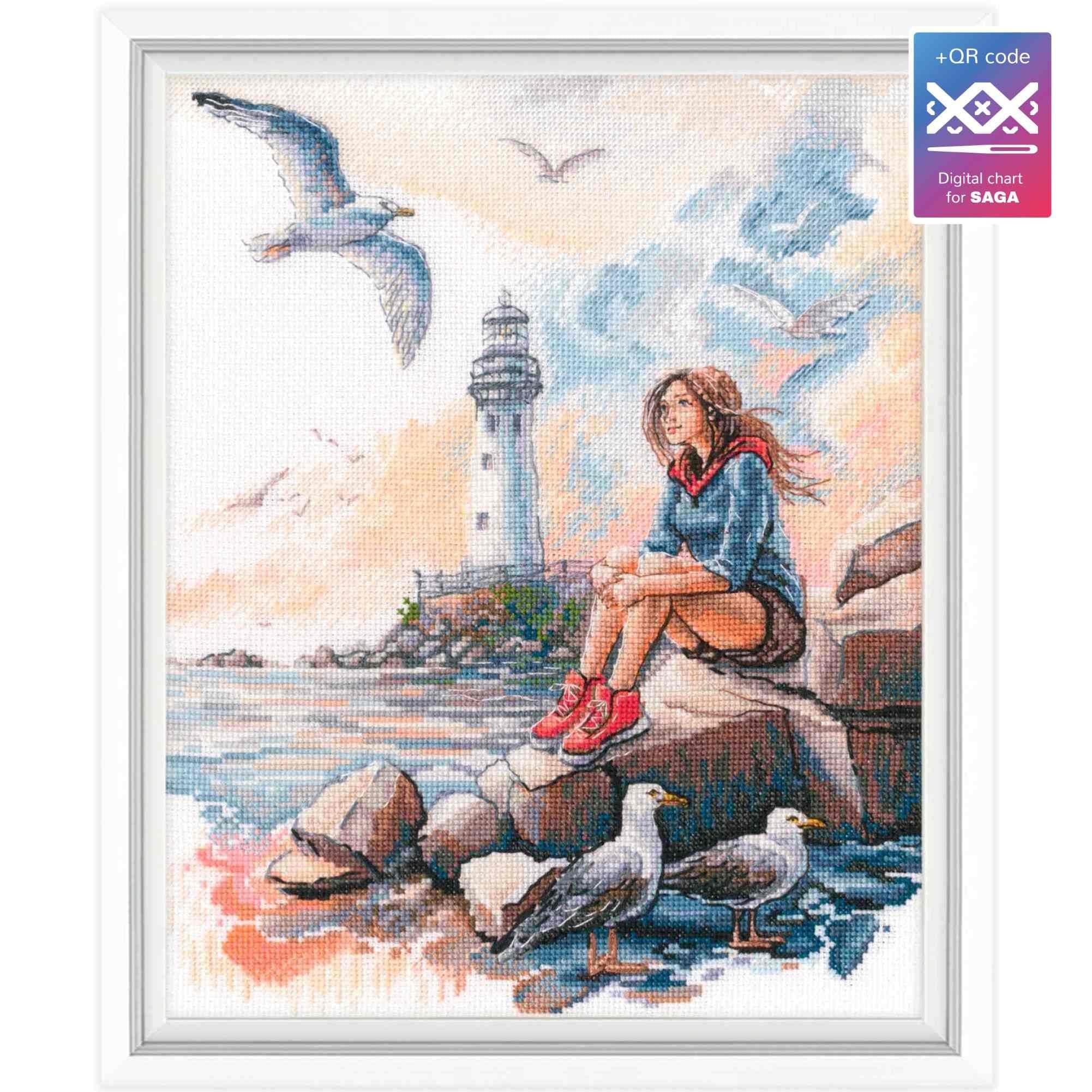 RTO Zestaw do haftu krzyżykowego z latarnią morską i grillem M1048, 22,5 x 28 cm / 8,9 cala x 11,1 cala, pejzaż morski z mewami, biała Aida, nici DMC, zestawy do haftowania DIY