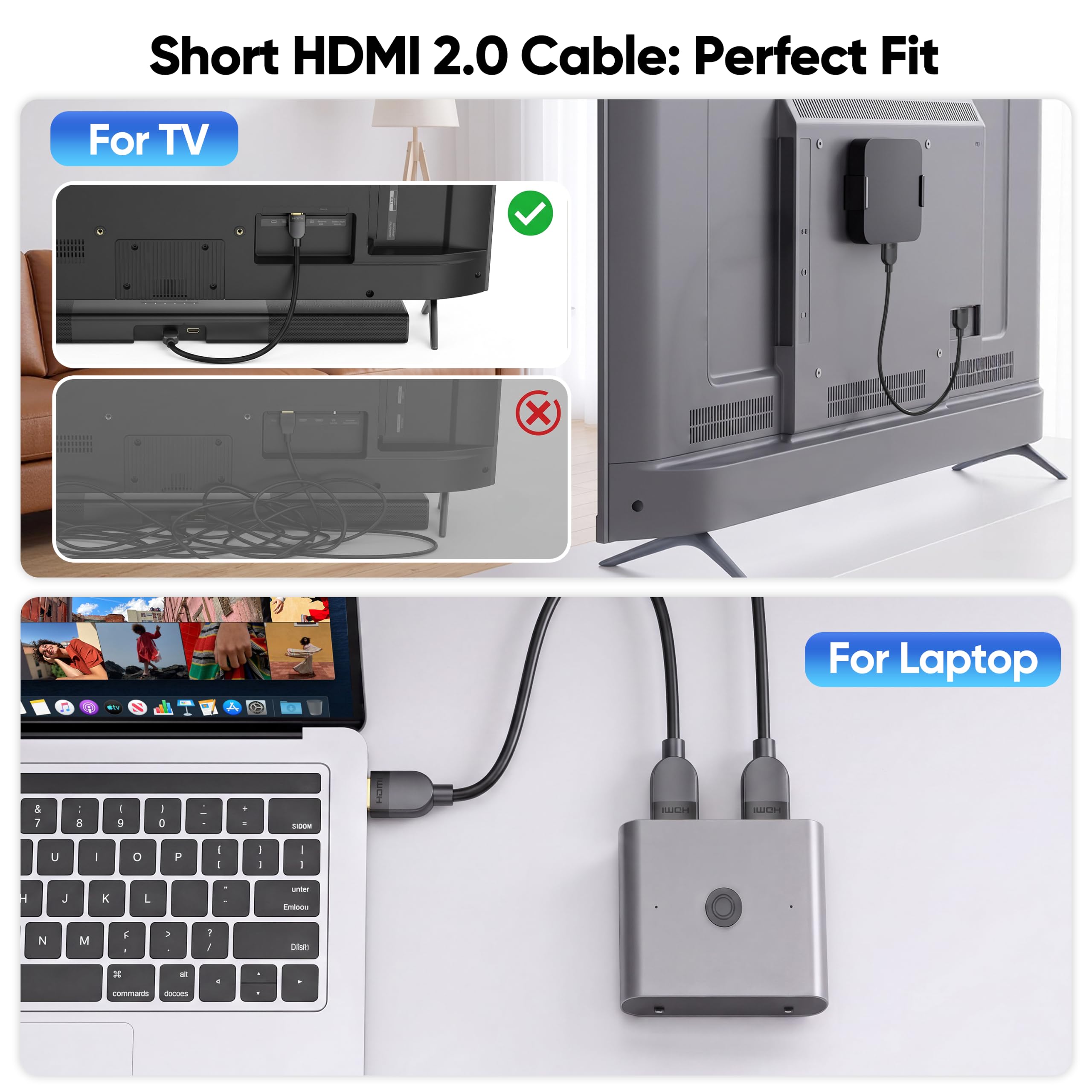 Cable HDMI 4K de 0.5 pies, paquete de 10, cable HDMI 2.0 ultra corto de 6