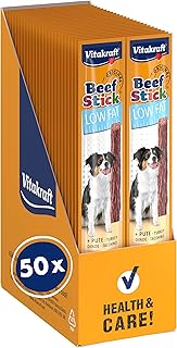 Vitakraft Beef Stick Low Fat, Hundeleckerli, Fleischstick Pute, Hunde Trainingsleckerli, für Hunde mit Gewichtsproblemen, ohne Zusatz von Zucker (50x 12g) product image