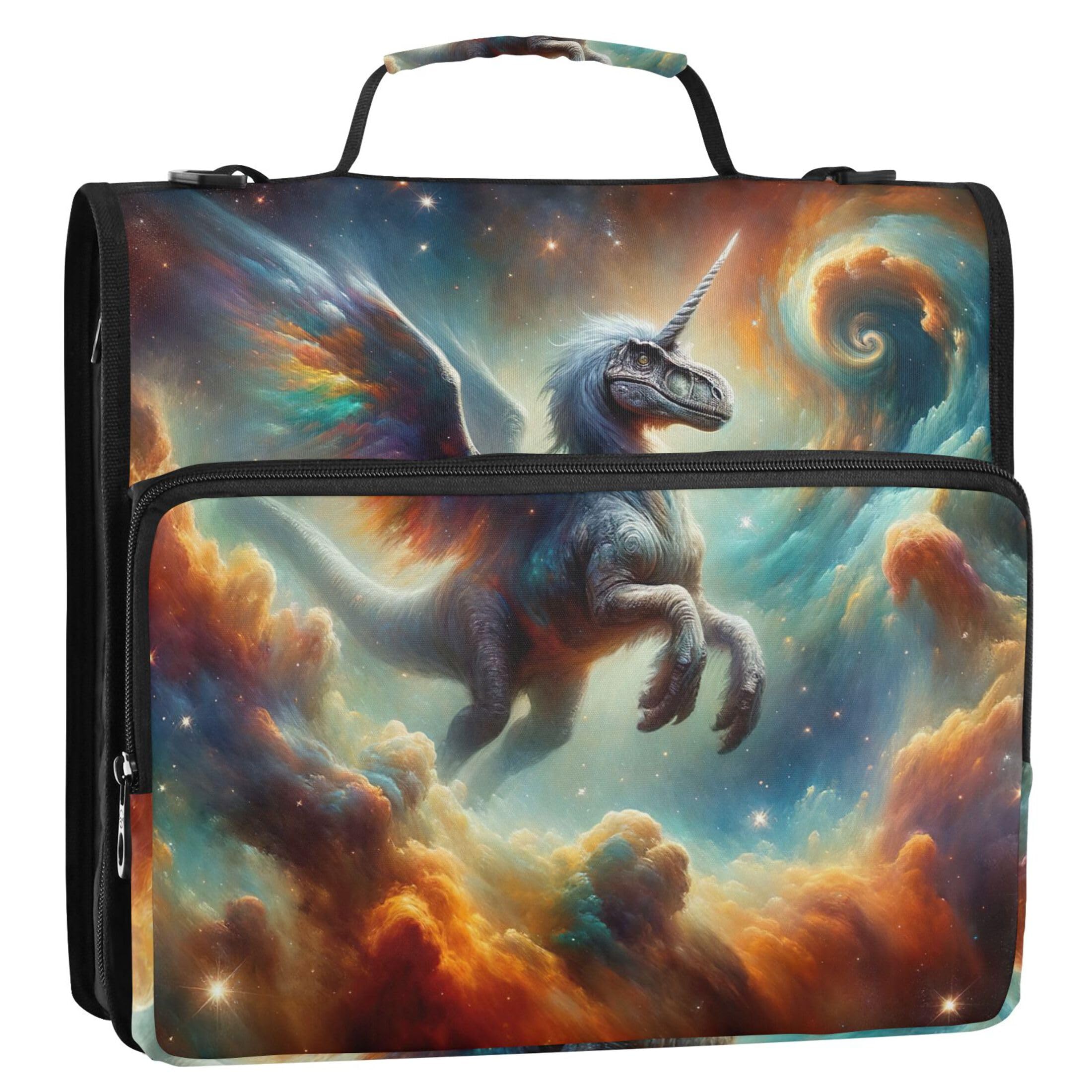 Unicorn Dinosaur Space Binder Zipper Organizer 3 Ring Binders 1.5 Inch D Ring Middle School Binder Bag with Strap Multi Pockets Large Portfolio Folder