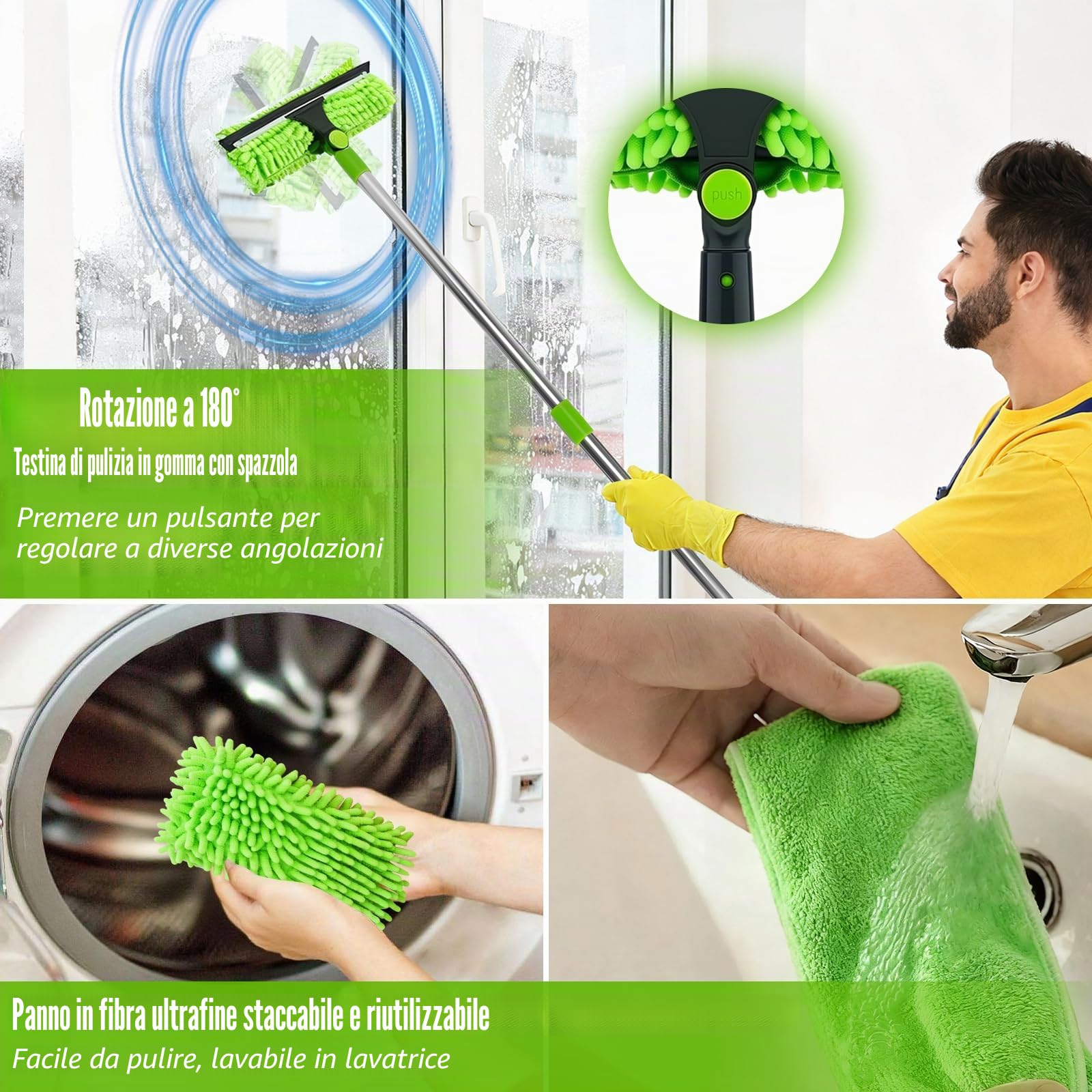 4,5 m tergicristallo e piumino antipolvere con ampia portata | set 2 in 1 estraibile con spugna in microfibra set professionale per la pulizia di vetri per interni ed esterni per finestre
