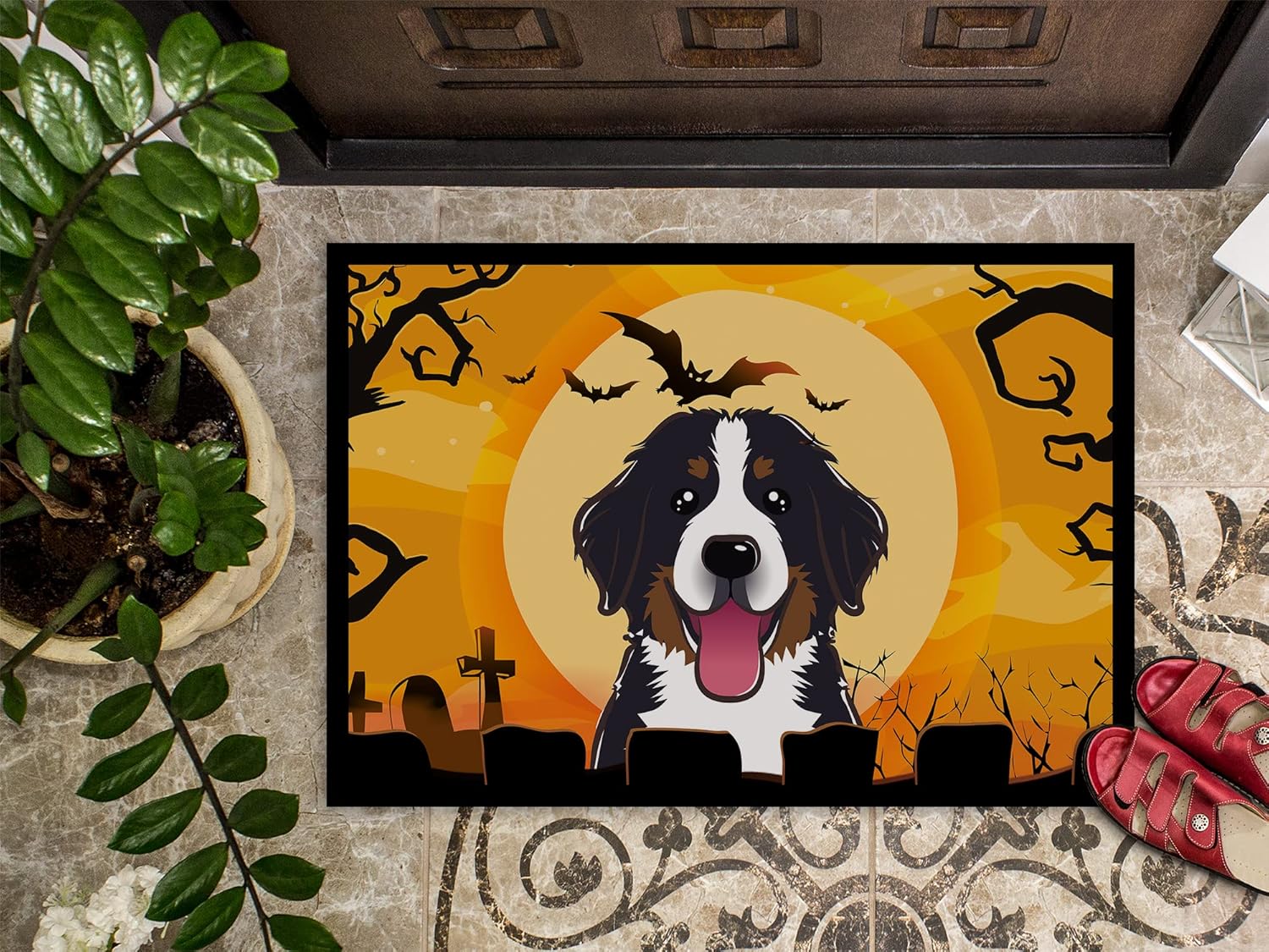 Caroline's Treasures BB1795JMAT Halloween Bernese Mountain Dog Doormat 24x36 Front Door Mat Indoor Outdoor Rugs for Entryway, Non Slip Washable Low Pile, 24H X 36W