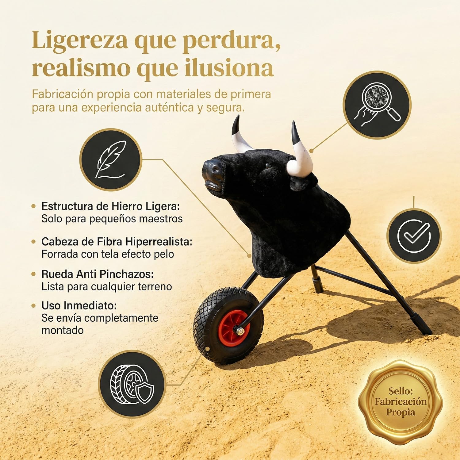 Carretón Taurino Infantil de Hierro con Cabeza de Toro, Juguete Tradicional para Encierros Infantiles, Carretón Ligero y Resistente para Niños de 2 a 5 Años, Rueda Antipinchazos, 87 x 45 x 60 cm