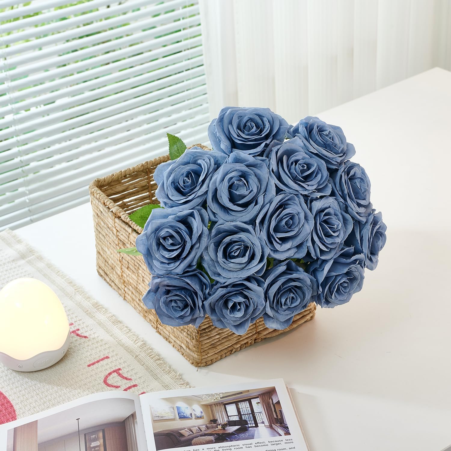 100 Pcs Fake Dusty Blue Roses, Artificial Blue Flowers Bulk Realistic Silk Faux Rose with Long Stems for Wedding Bridal Bouquet Anniversary Floral Arrangement Decor