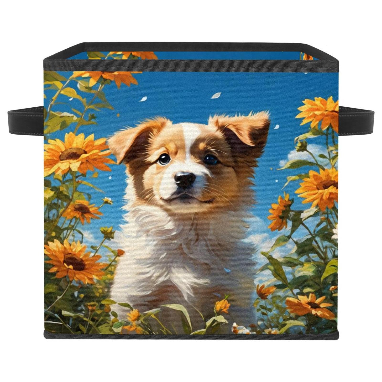 Grand cube de rangement pliable avec poignée cuir motif chien