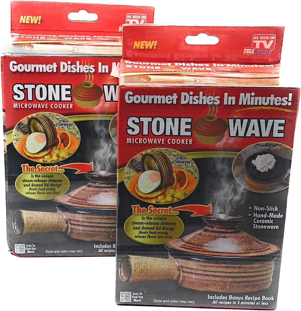 Set of 2 Stone Wave Gourmet Microwave Ceramic Cookers Cookware For One Non-Stick Healthy Steam Heat 7370