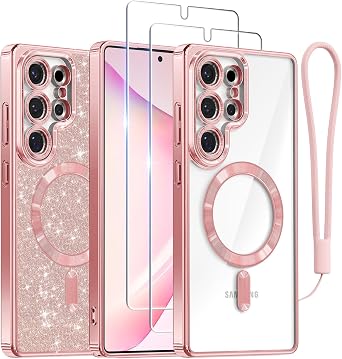 Meifigno Case Designed for Samsung Galaxy S25 Ultra 6.9 inch, [Compatible with MagSafe] [2X HD Screen Protectors] [Glitter Card & Wrist Strap] Full Lens Protection Case for Galaxy S25 Ultra, Rose Gold | 6.9 inch