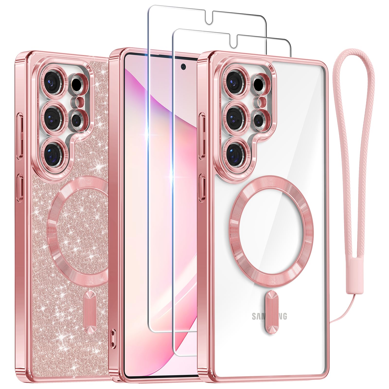 Meifigno Case Designed for Samsung Galaxy S25 Ultra 6.9 inch, [Compatible with MagSafe] [2X HD Screen Protectors] [Glitter Card & Wrist Strap] Full Lens Protection Case for Galaxy S25 Ultra, Rose Gold