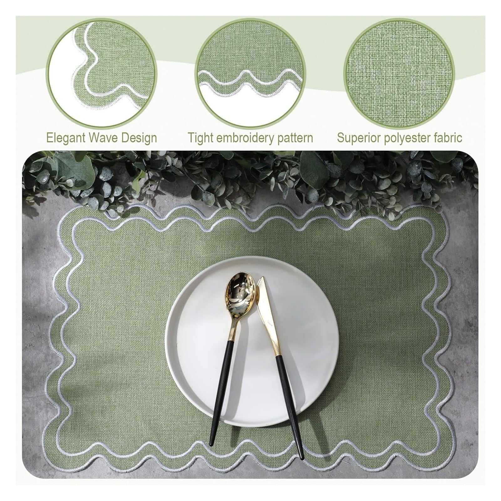 Manteles individuales de lino y algodón, manteles individuales con bordado ondulado festoneado de 13x19 pulgadas, manteles rectangulares rústicos lavables for mesa de cena for Cocina(Green,STRIP_6PCS)