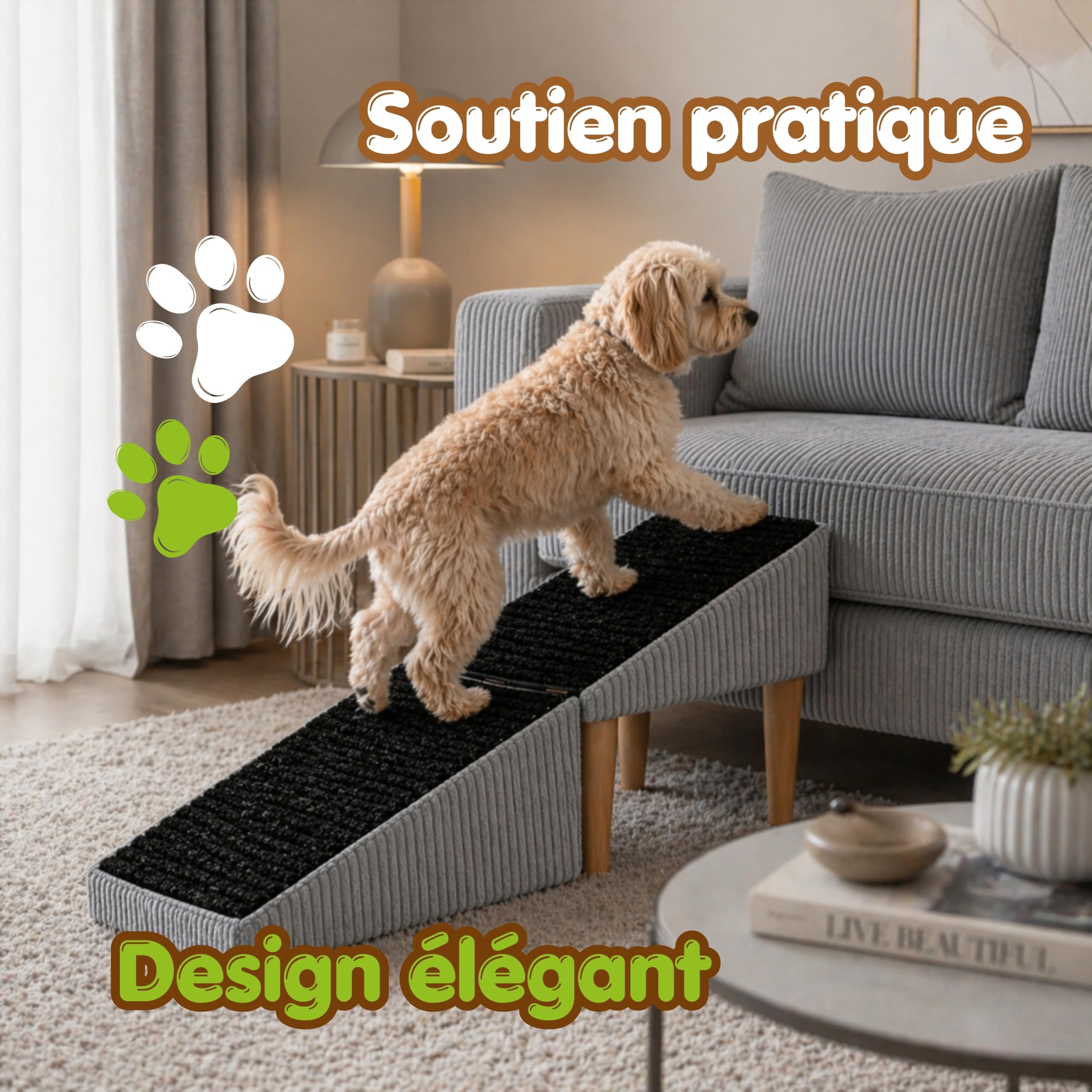 Outentin Hundetreppe Klappbar – rutschfeste Hunderampe & Weiche Haustiertreppe für Kleine & Große Hunde, Treppe für Sofa & Bett, Stabil & Faltbar, Möbeloptik, 36 cm Hoch – Zuhause, Poso, Grau