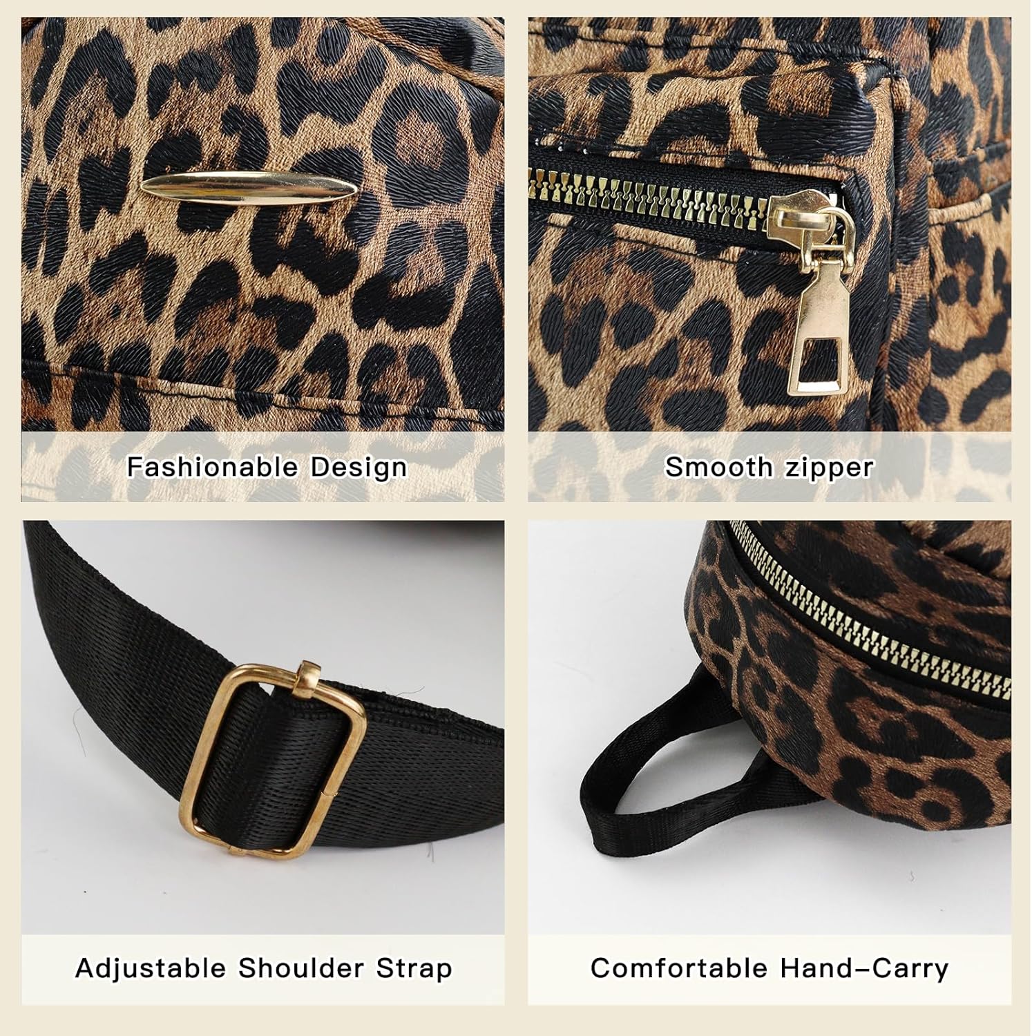 Small Backpack for Women, Leopard Print Backpack with Zipper, Waterproof Mini Backpack Purse with Adjustable Strap (Brown) - Image 3