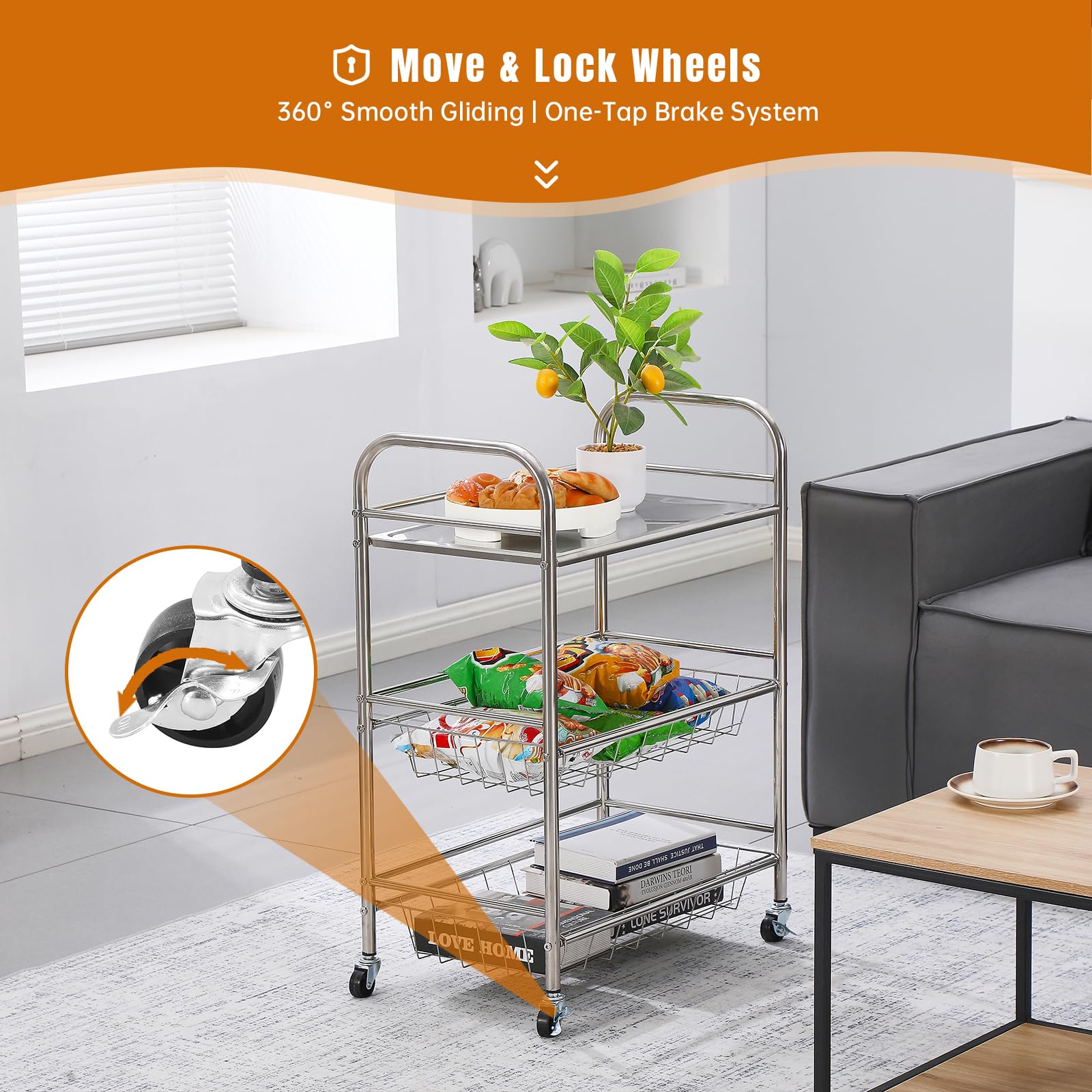 Carrello Industriale a 3 Ripiani con Scaffalatura Metallica | Ruote Bloccabili & Acciaio Commerciale | Soluzione per Cucina, Dispensa e Garage