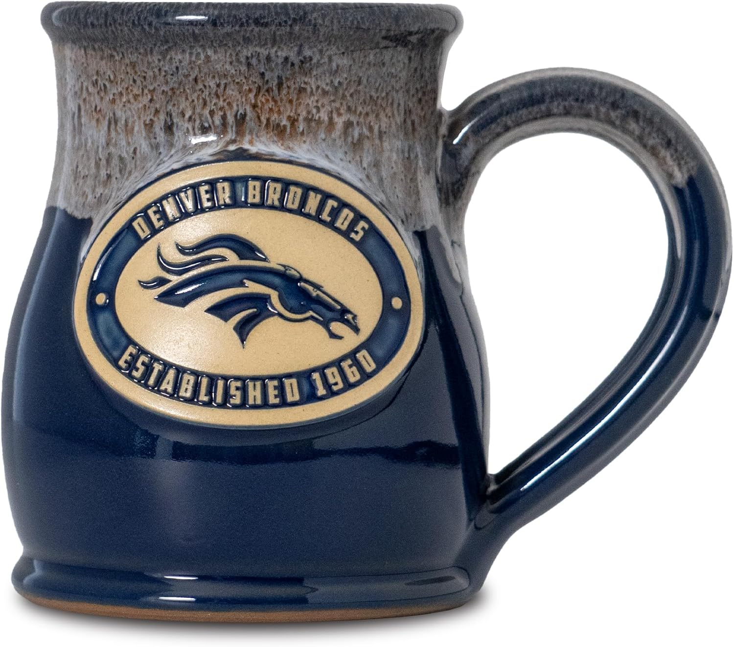 Greater Distance NFL Football Denver Broncos 14 oz Two-Tone Tall Belly Mug, Handmade Large Ceramic Coffee Mug With Team Logo for True Fans, Premium Deneen Pottery Made in USA