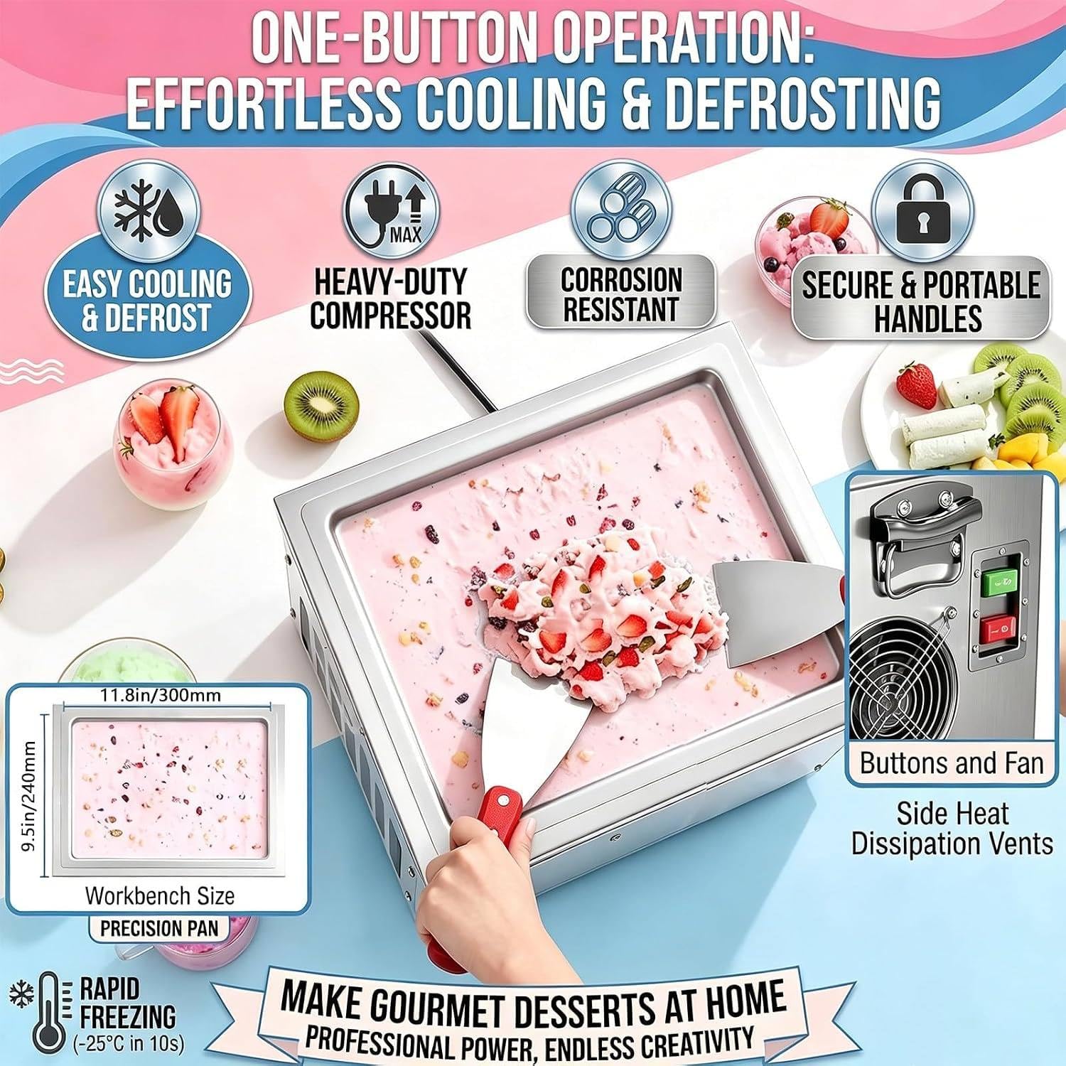 Máquina para Hacer Helado Enrollado de Acero Inoxidable de 330 W | Diseño de refrigeración con tubo de cobre en forma de anillo, base antideslizante, para el hogar, tienda, 34 × 28 × 30 cm