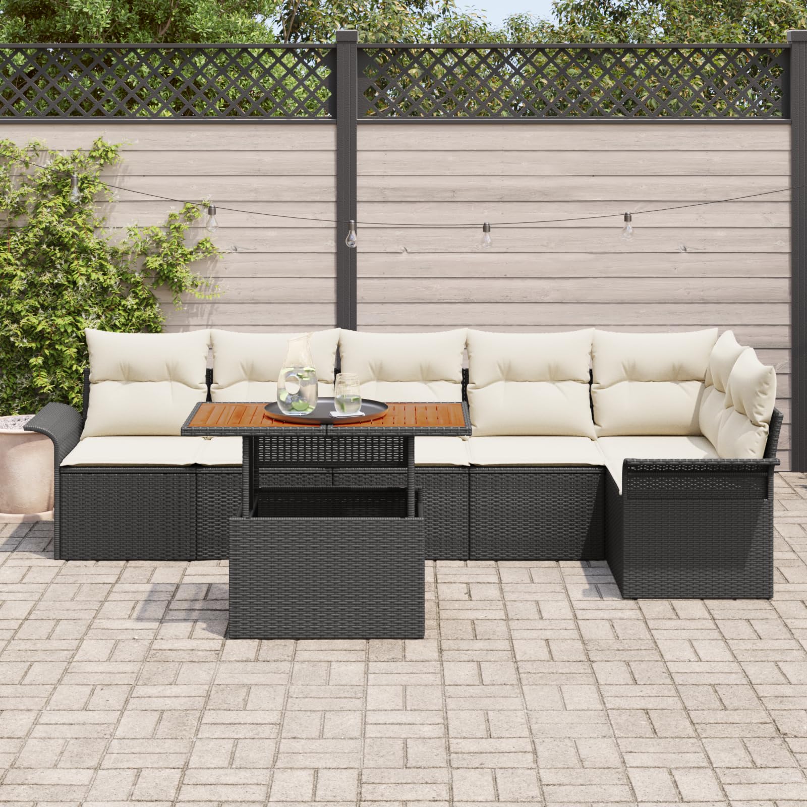 7-częściowy zestaw mebli ogrodowych z poduszką, czarno-biały, polirattanowy – modułowa sofa outdoorowa na taras, balkon, odporny na warunki atmosferyczne komplet wypoczynkowy ze zdejmowaną