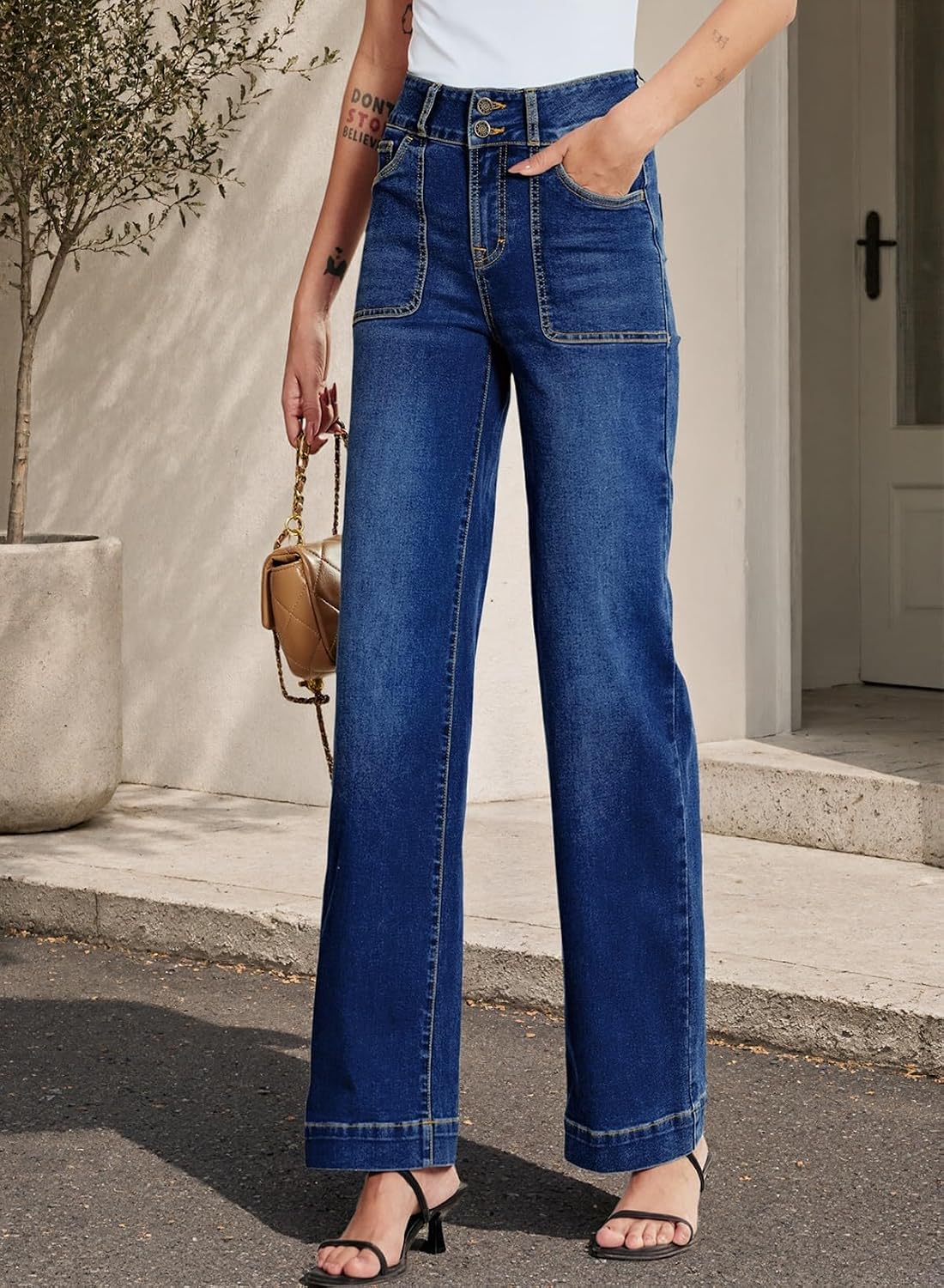 Sidefeel Women's High Waisted Stretchy Straight Leg Jeans image 3