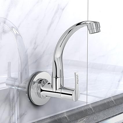 Plantex AQ-1410 Pure Brass Kitchen Faucet | Wall Monted Kitchen Sink Tap with Brass Wall Flange & Teflon Tape- 7 Year Warranty (Mirror-Chrome Finish)