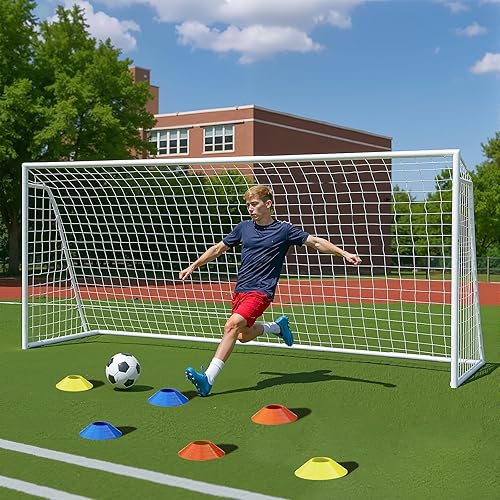 Miniatura 21 de NAIZEA Porterías de fútbol – 24x8/21x7/18x7/12x6/16x7/10x6/8x6/6x4 pies para patio trasero – Portería de fútbol de metal para jóvenes adultos –