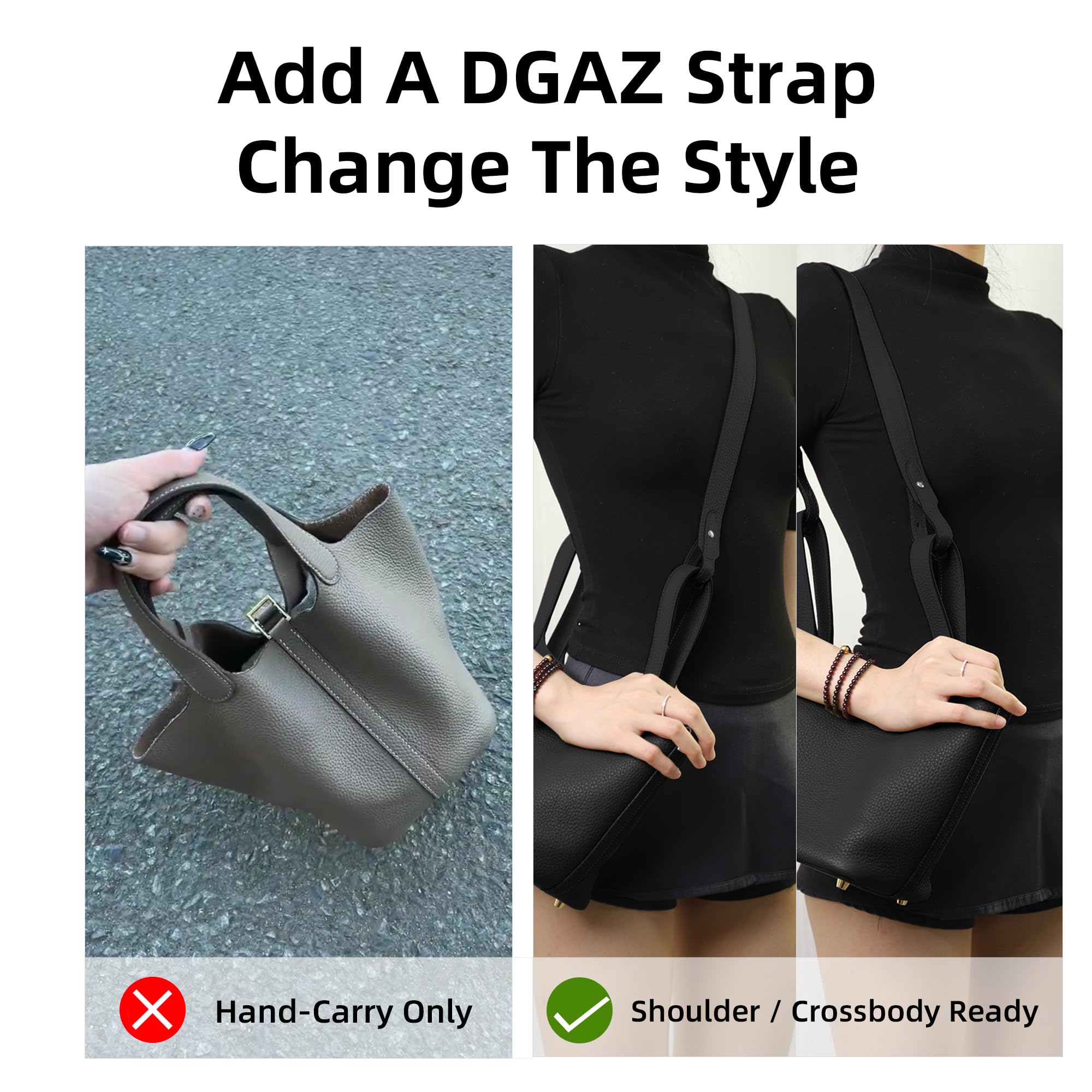 DGAZ TC-Leder Schulterriemen, Ersatz Taschengurt für Hermes Picotin/Lindy/Evelyne, Handgefertigt Umhängetaschengurt (Schwarz, Breite 2,7cm, Länge 50cm, Silberne Schnallen)